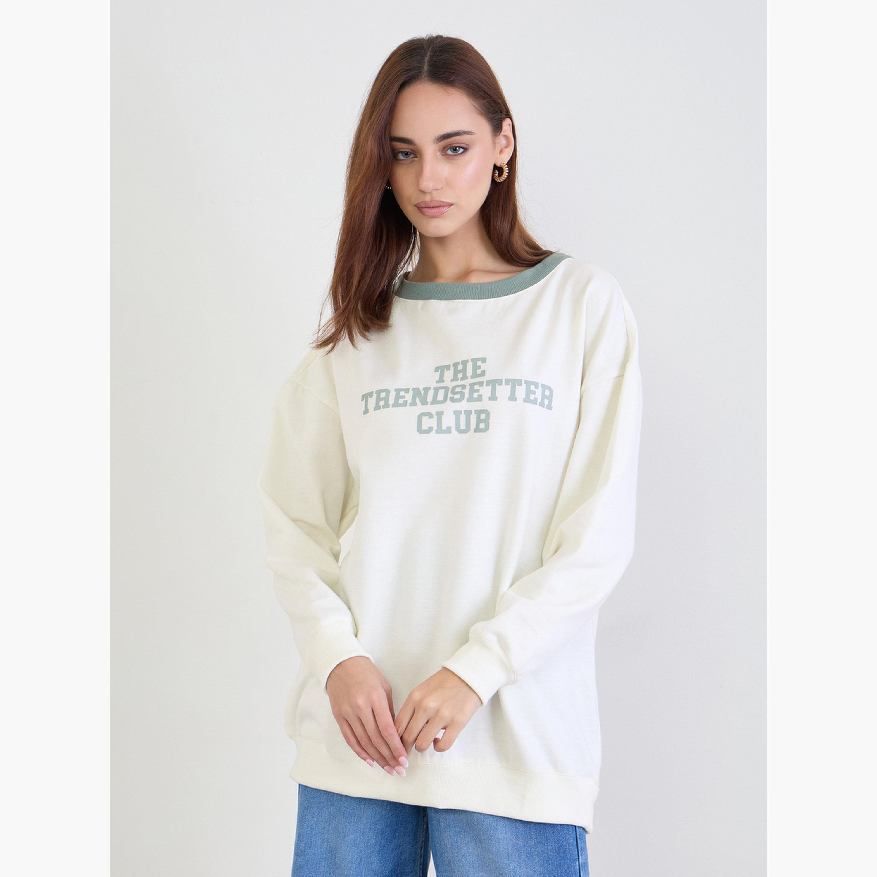 ستايلي - سويت شيرت  لون اوف وايت  طويل بشعار للنساء -women-clothing-hoodiesandsweatshirts-sweatshirts-image-1