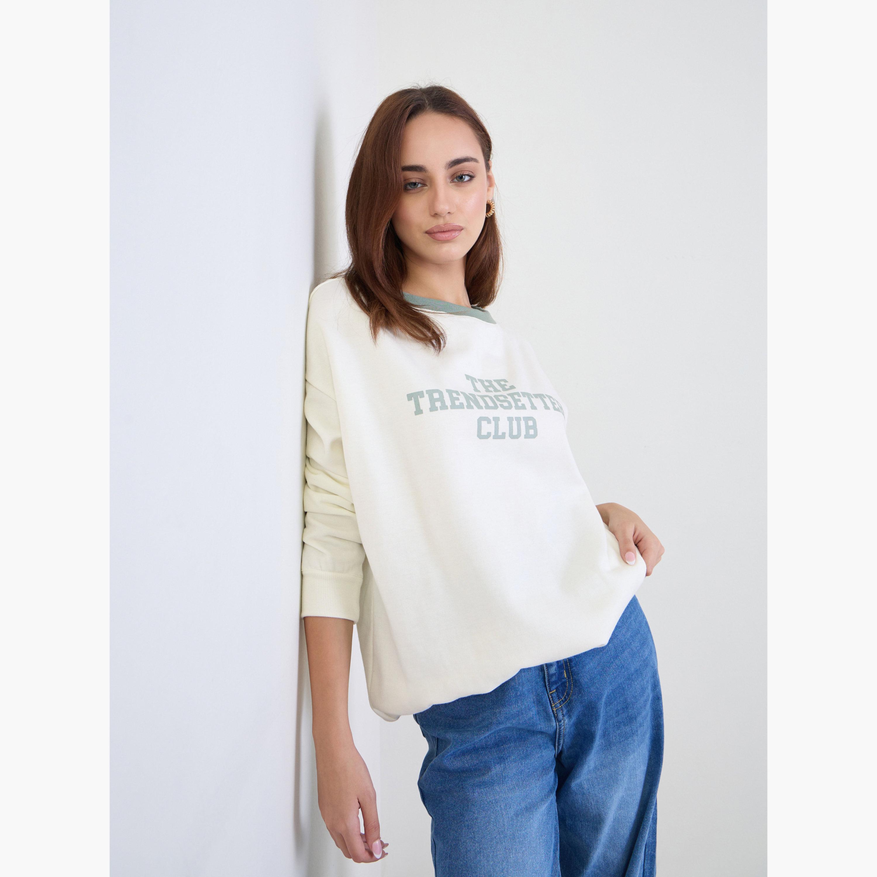 ستايلي - سويت شيرت  لون اوف وايت  طويل بشعار للنساء -women-clothing-hoodiesandsweatshirts-sweatshirts-image-3