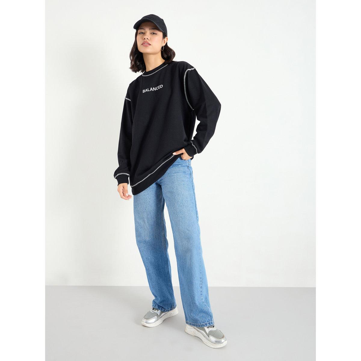Styli Black Longline Embroidered Slogan Sweatshirt-women-winterwear-hoodiesandsweatshirts-hoodies-image-2
