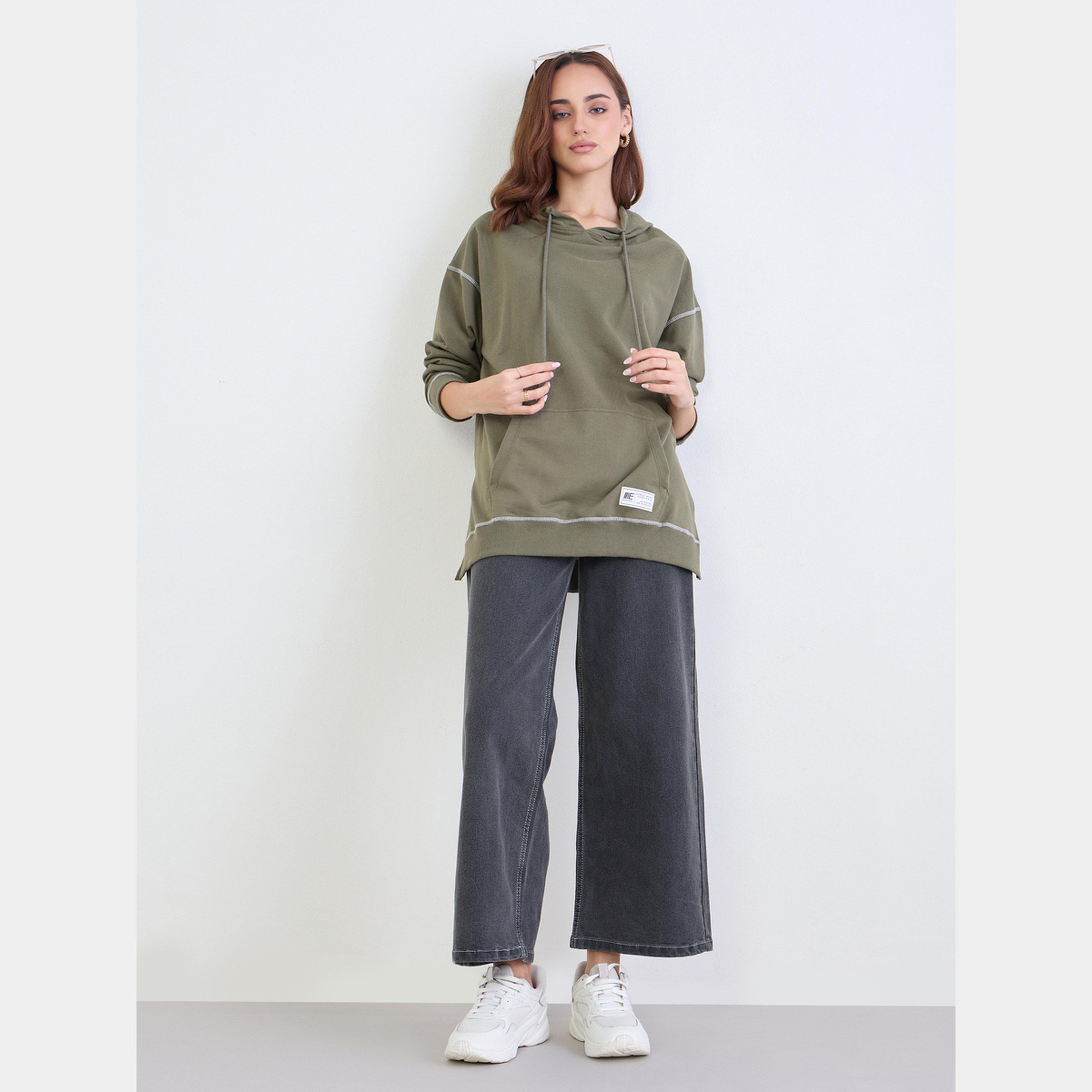 Styli Khaki Oversized Longline Hoodie-women-winterwear-hoodiesandsweatshirts-hoodies-image-2