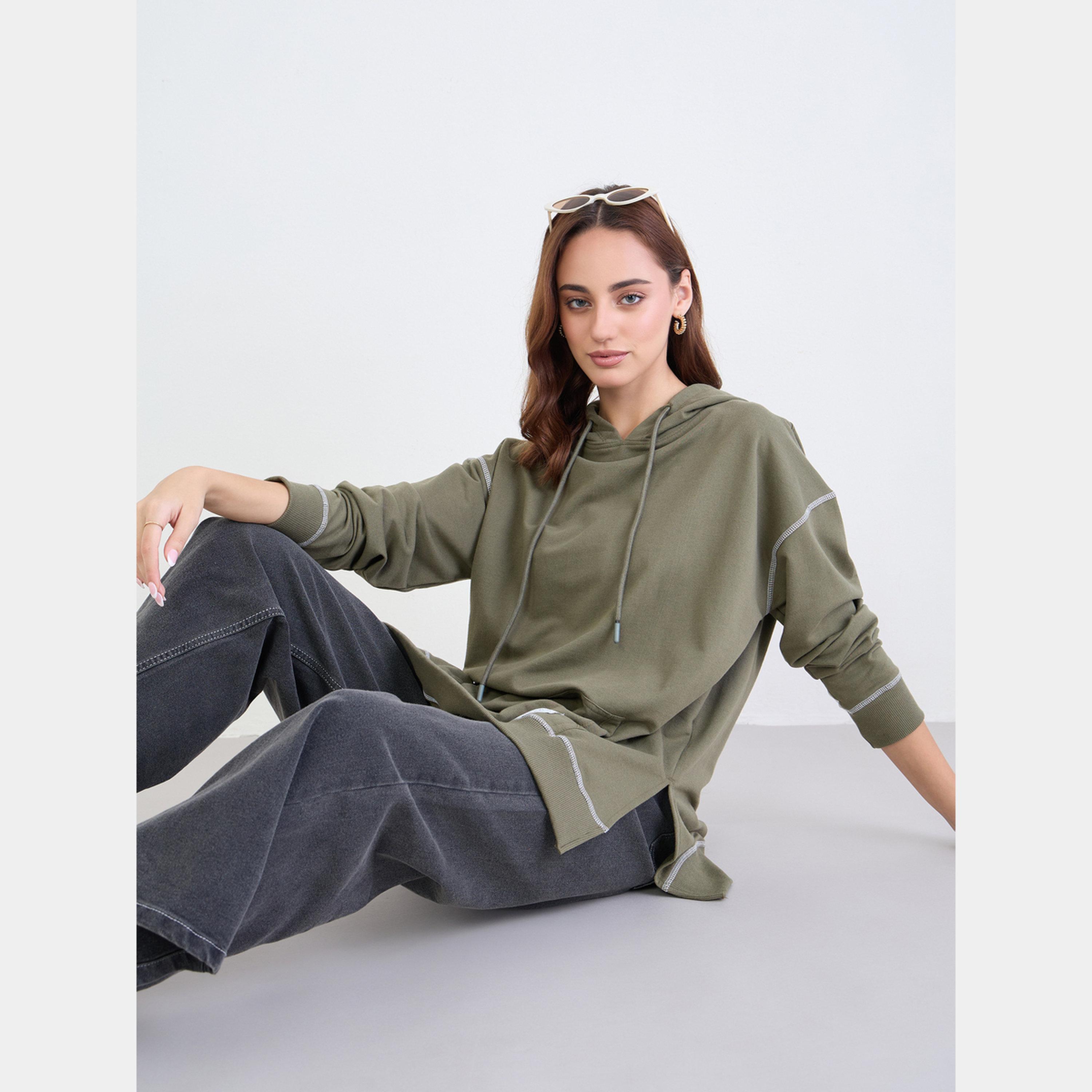 Styli Khaki Oversized Longline Hoodie-women-winterwear-hoodiesandsweatshirts-hoodies-image-3