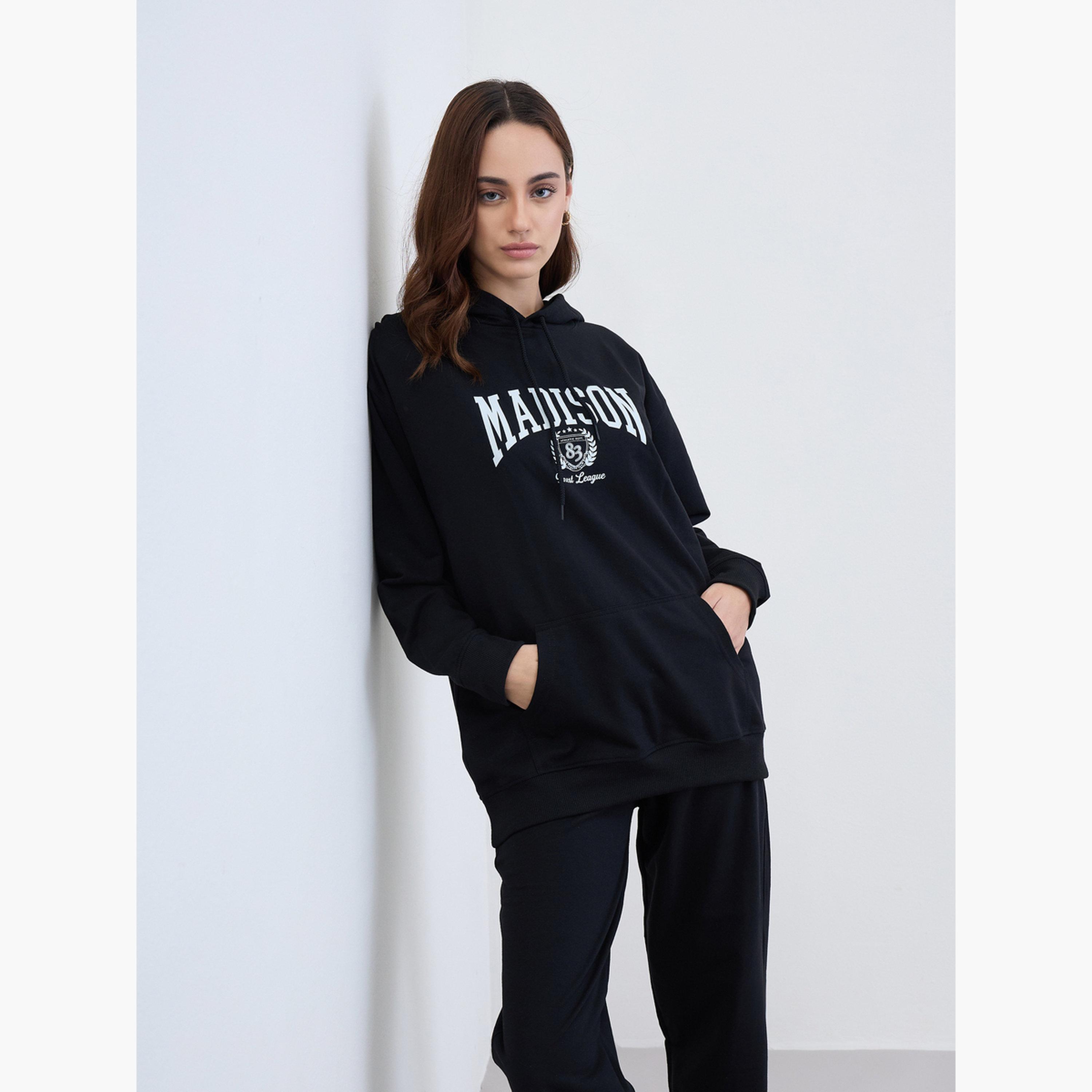 Styli Black Longline Hoodie and Joggers Co-Ords-women-clothing-coordsets-image-2