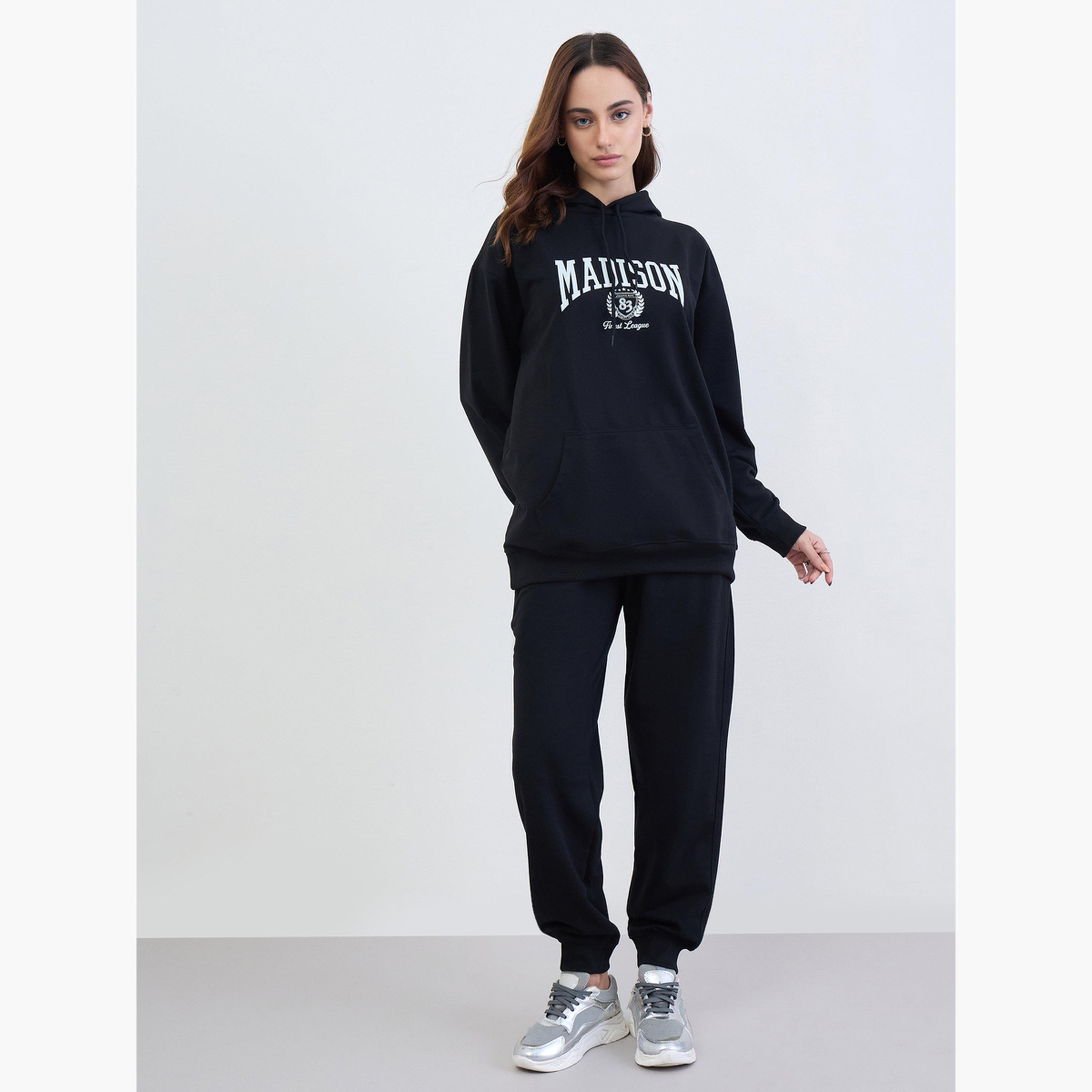Styli Black Longline Hoodie and Joggers Co-Ords-women-clothing-coordsets-image-3