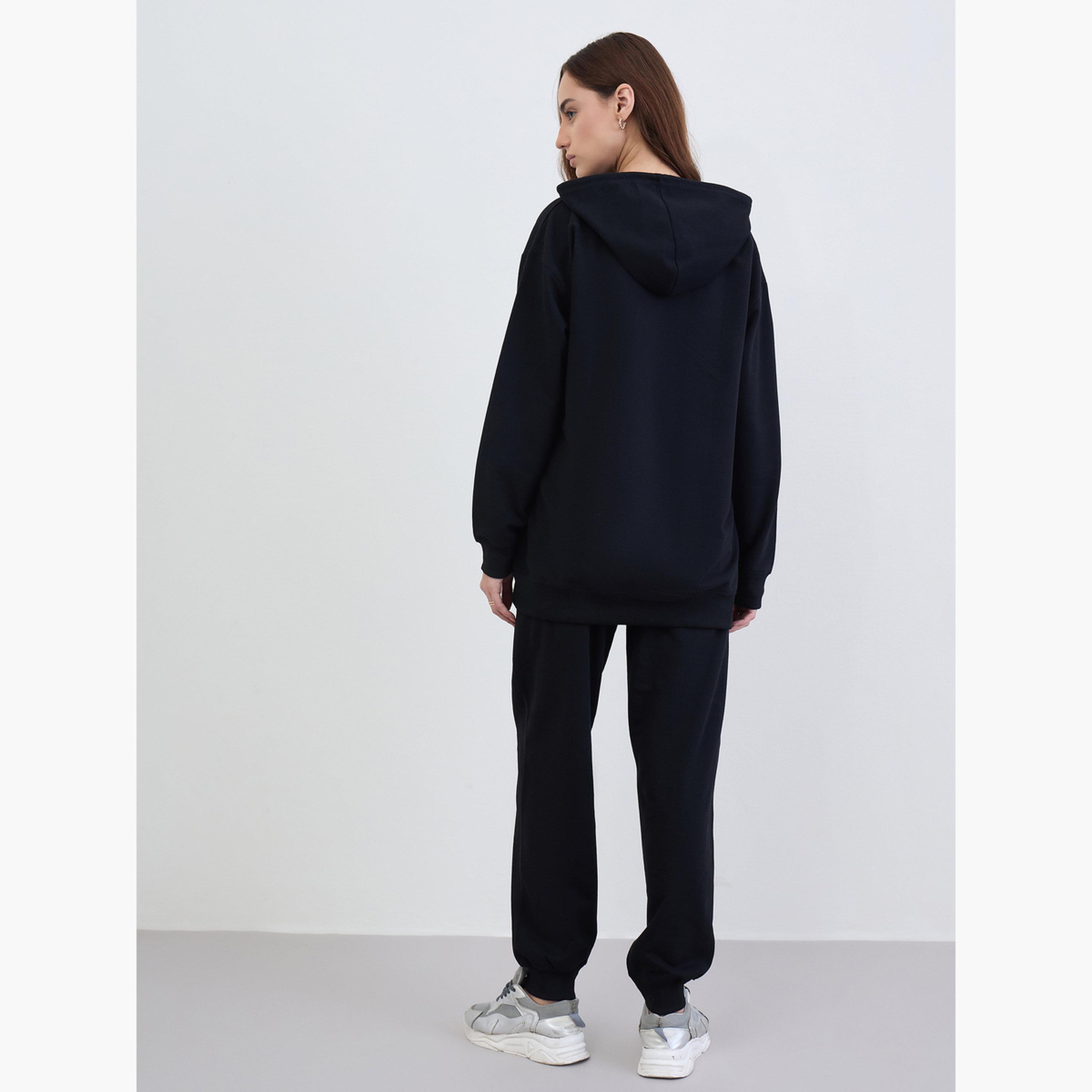Styli Black Longline Hoodie and Joggers Co-Ords-women-clothing-coordsets-image-5