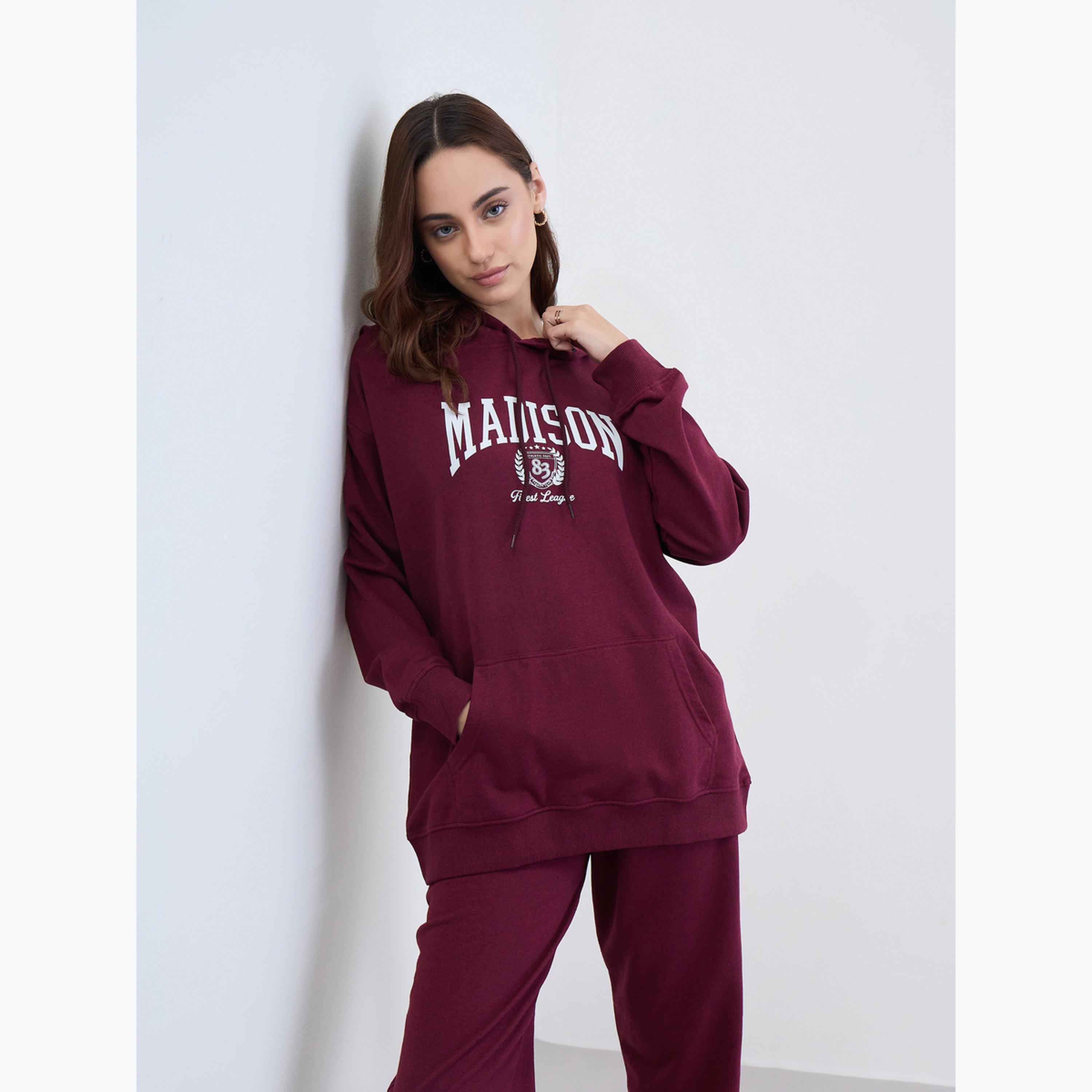 Styli Burgundy Longline Hoodie and Joggers Co-Ords-women-clothing-coordsets-image-3