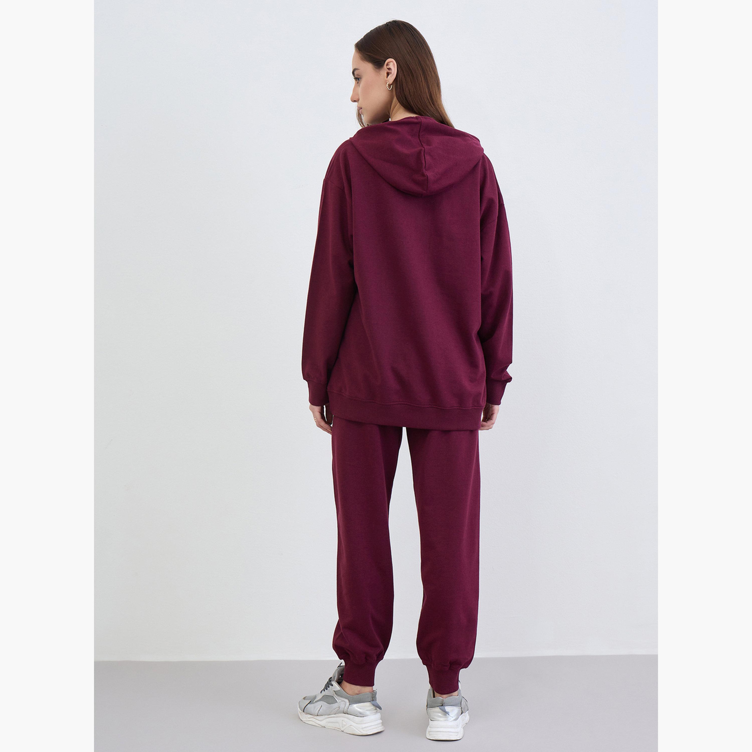 Styli Burgundy Longline Hoodie and Joggers Co-Ords-women-clothing-coordsets-image-5