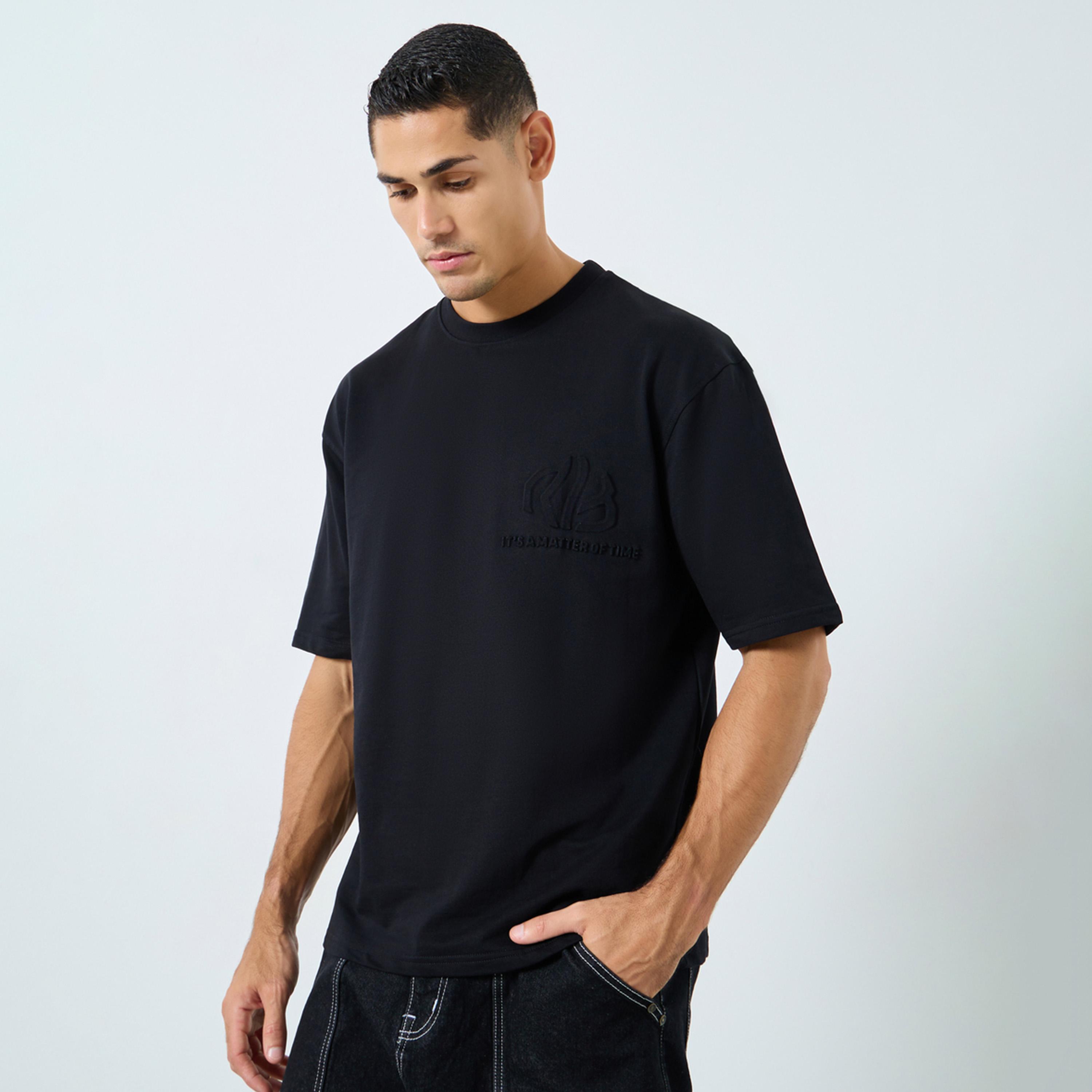 Styli Men Black Oversized Embossed Print T-Shirt-men-clothing-tshirtsandpolos-tshirts-image-1