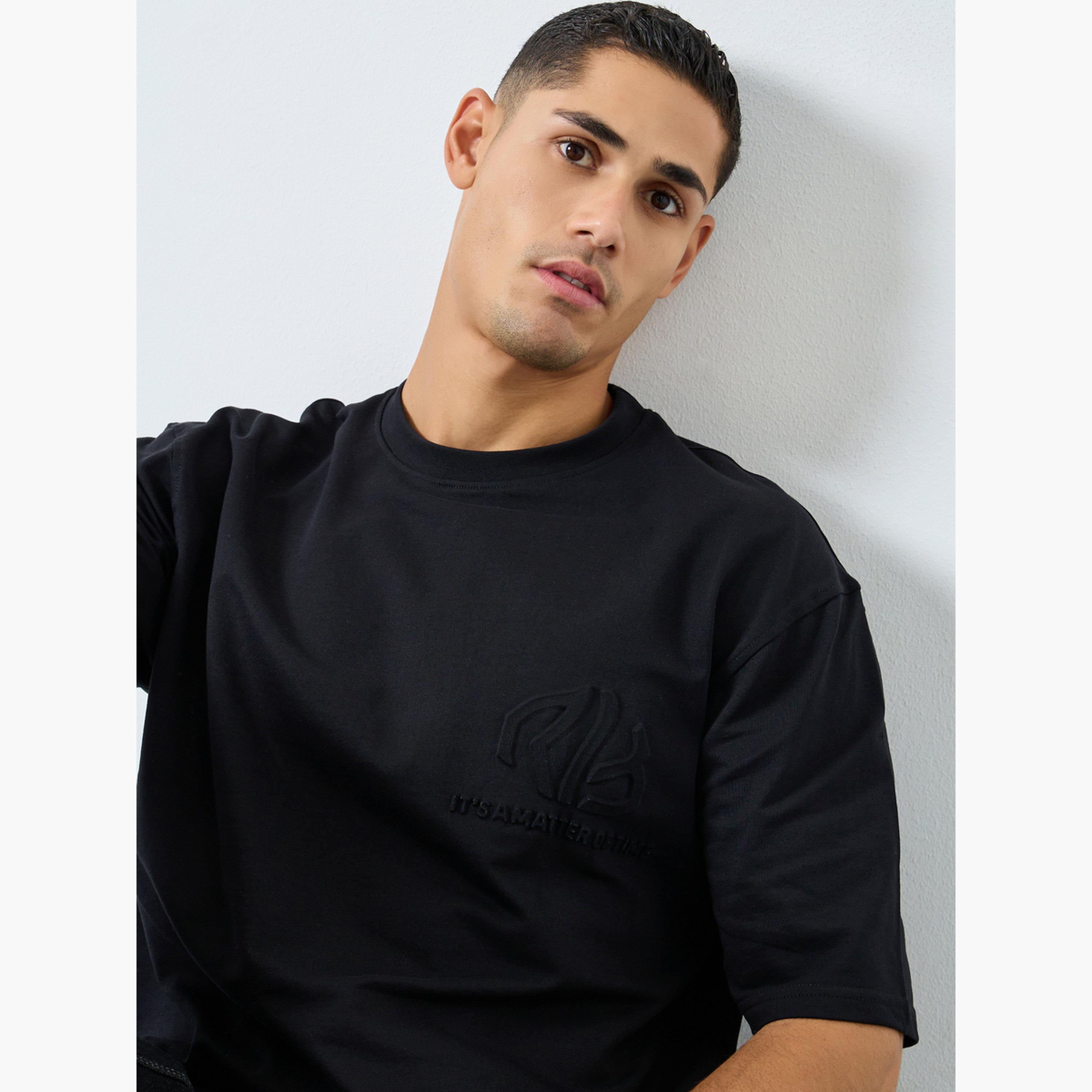 Styli Men Black Oversized Embossed Print T-Shirt-men-clothing-tshirtsandpolos-tshirts-image-3