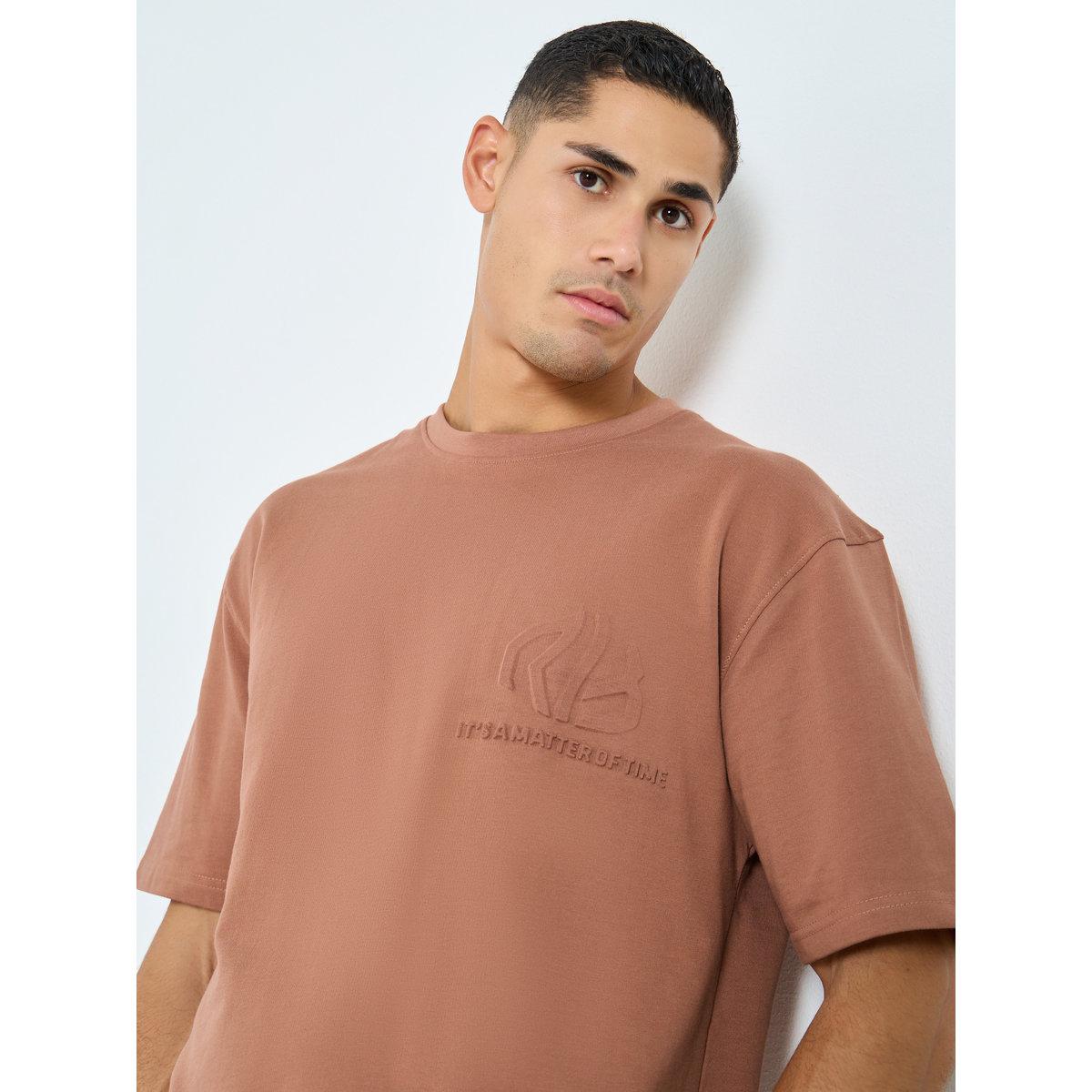 Styli Coffee Brown Oversized Embossed Slogan T-Shirt-men-clothing-tshirtsandpolos-tshirts-image-1