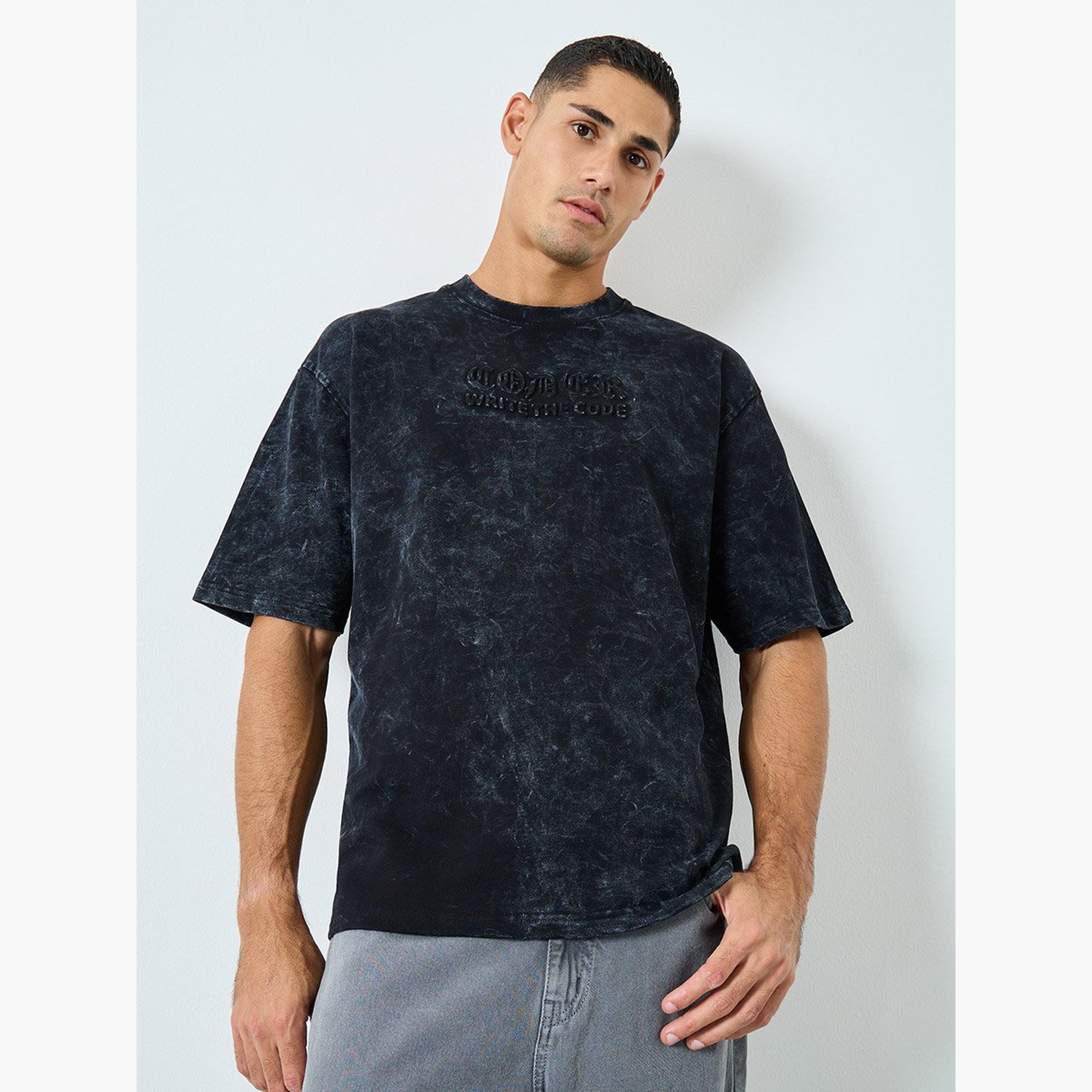 Styli Acid Wash Oversized Terry T-Shirt with Embossed Print-men-clothing-tshirtsandpolos-tshirts-image-1