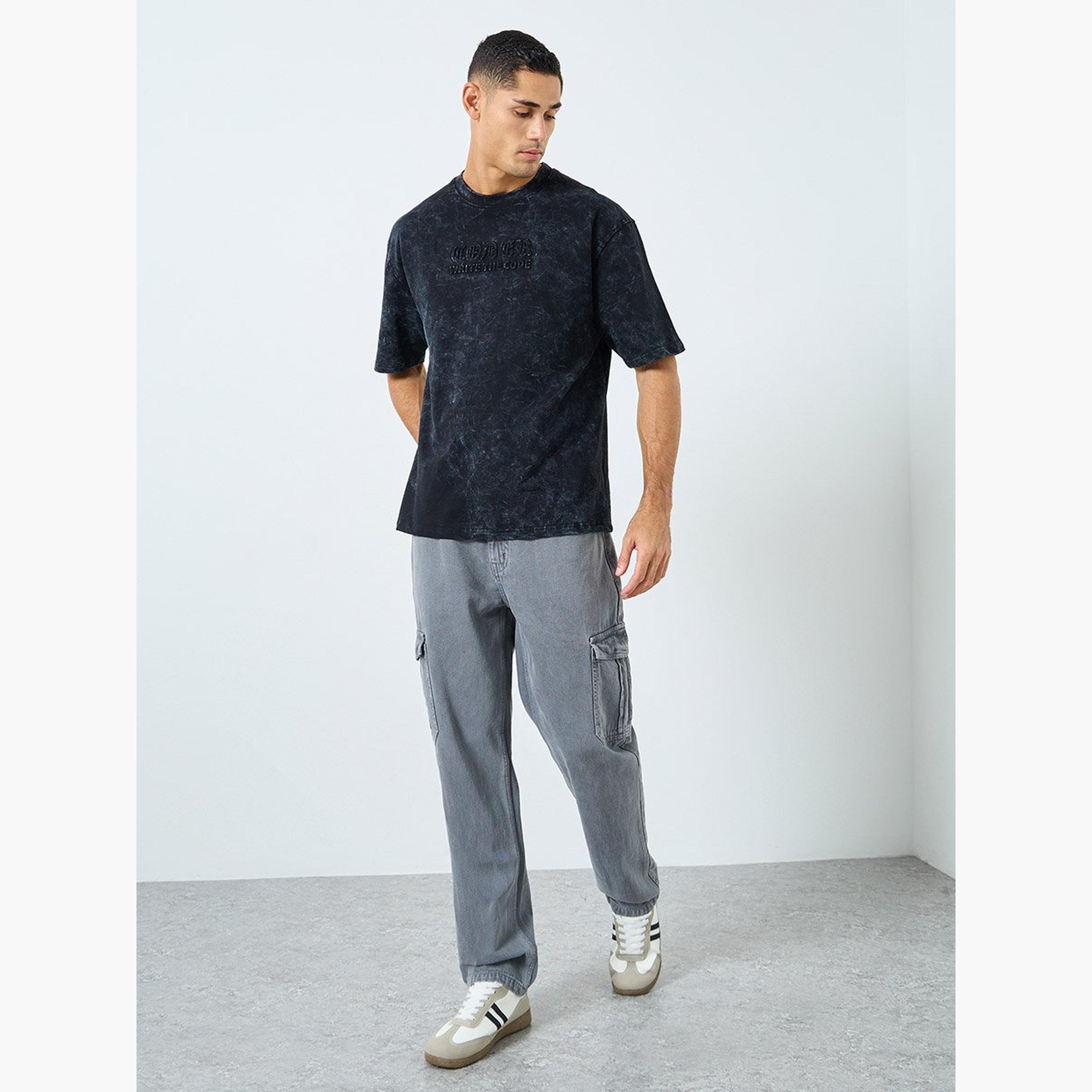 Styli Acid Wash Oversized Terry T-Shirt with Embossed Print-men-clothing-tshirtsandpolos-tshirts-image-2
