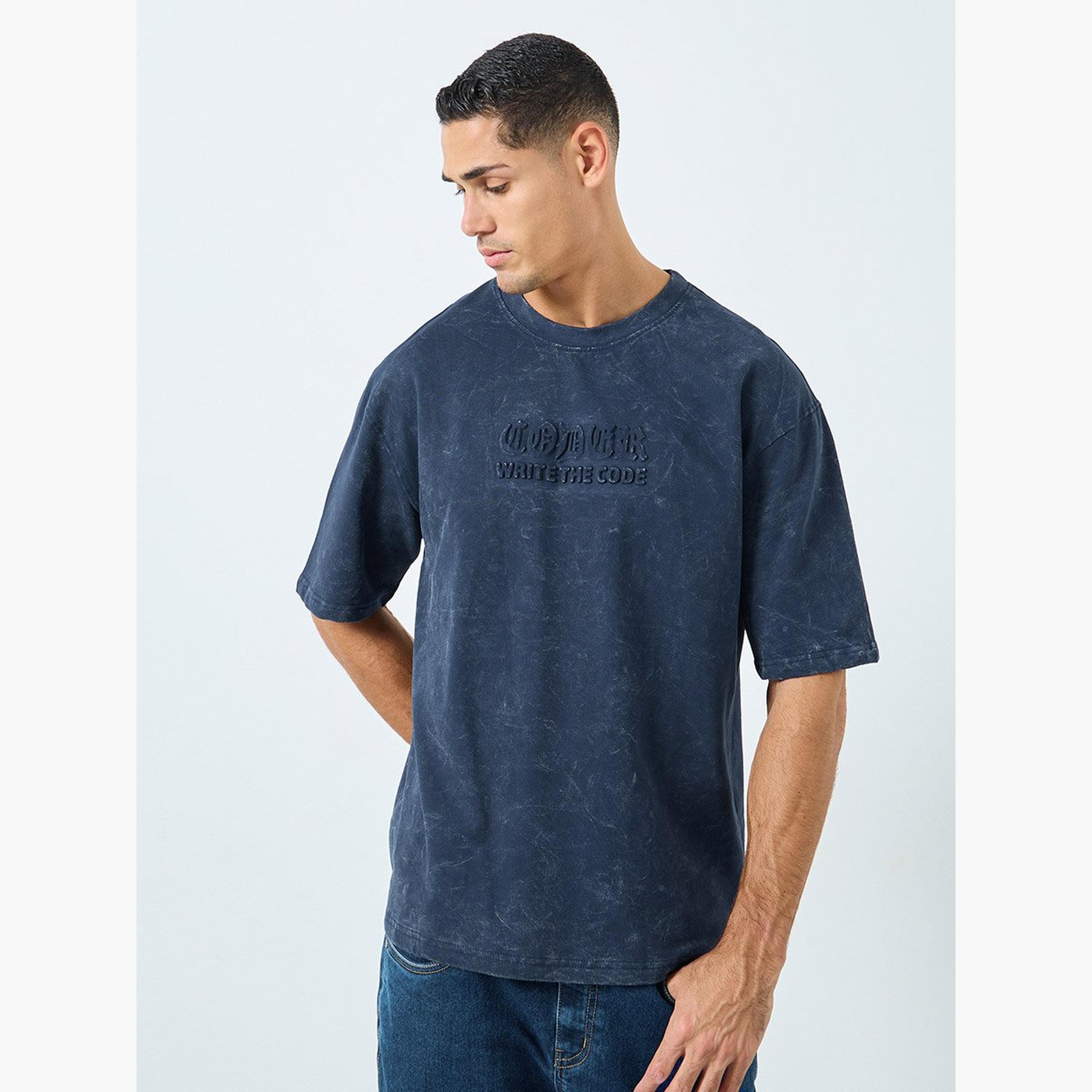 Styli Acid Wash Oversized Terry T-Shirt with Embossed Print-men-clothing-tshirtsandpolos-tshirts-image-1