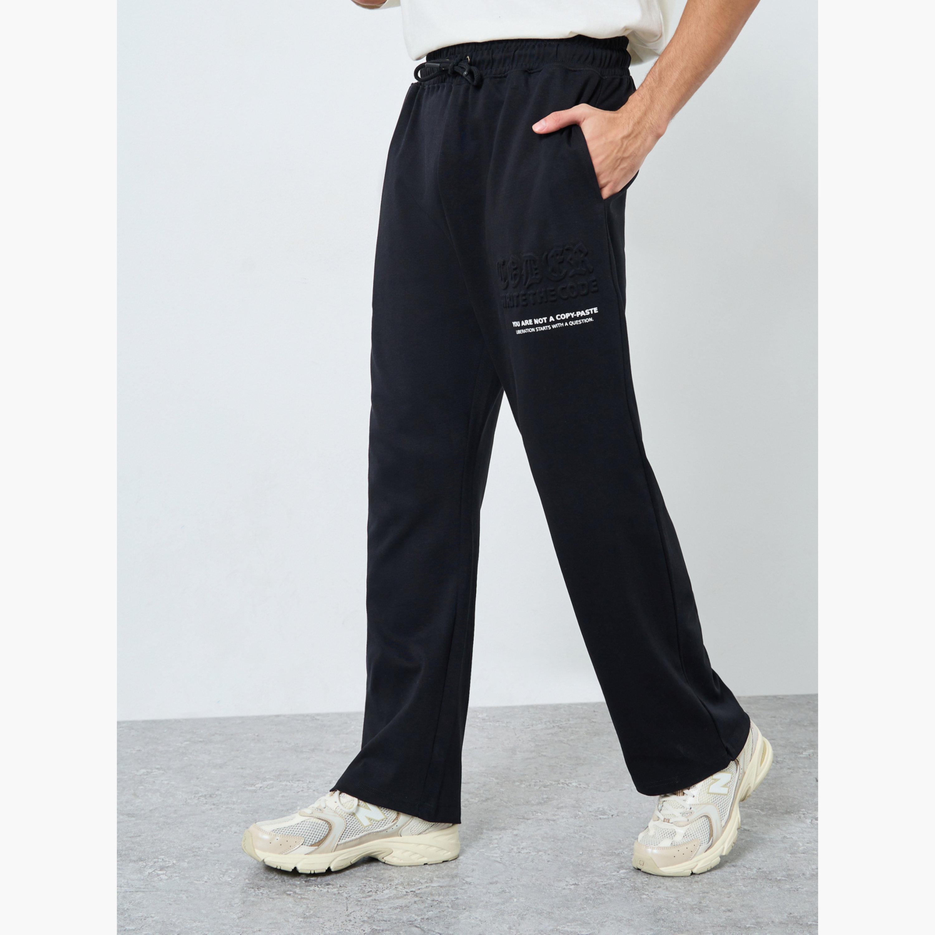 Styli Black Embossed Minimal Slogan Joggers-men-clothing-bottoms-joggers-image-1