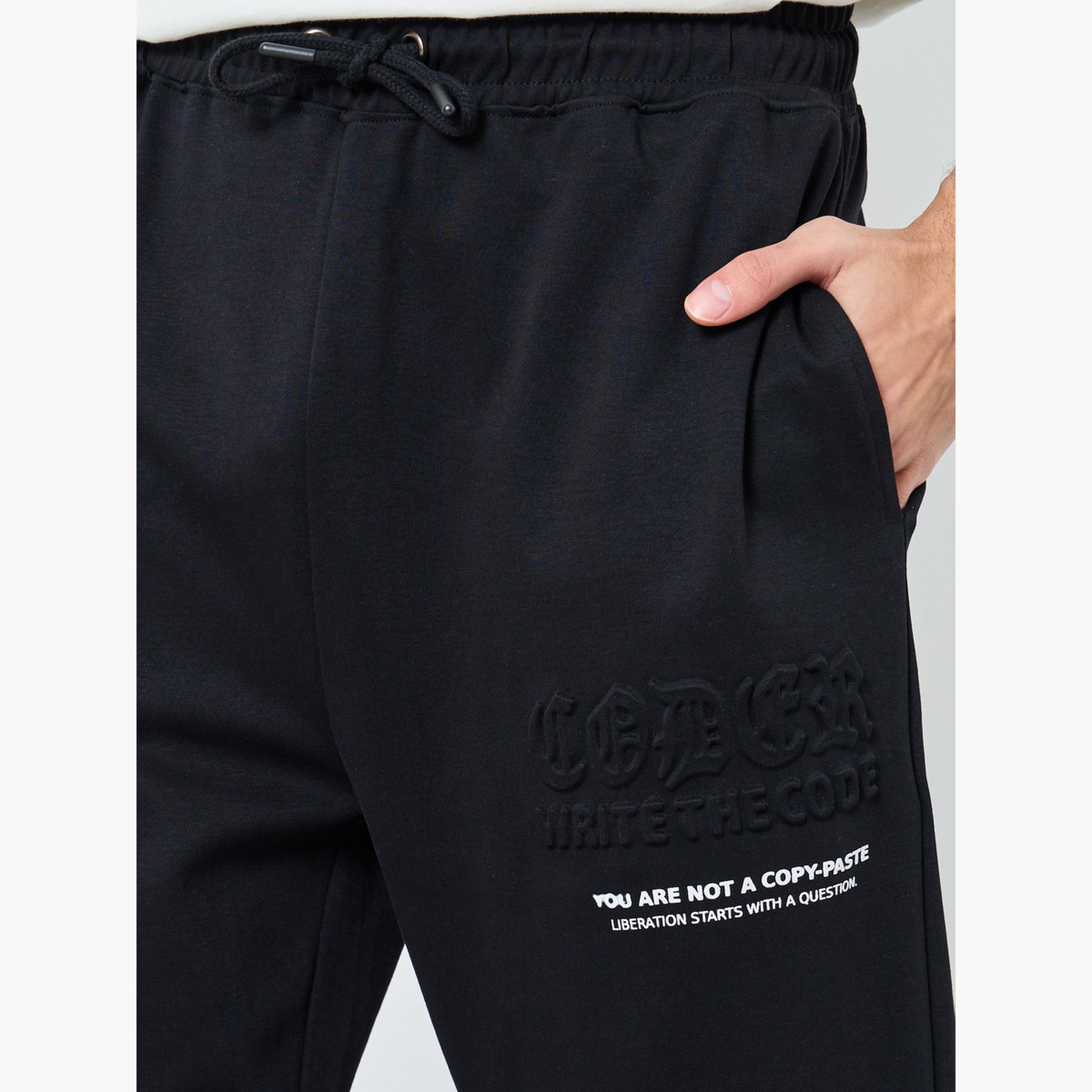 Styli Black Embossed Minimal Slogan Joggers-men-clothing-bottoms-joggers-image-3