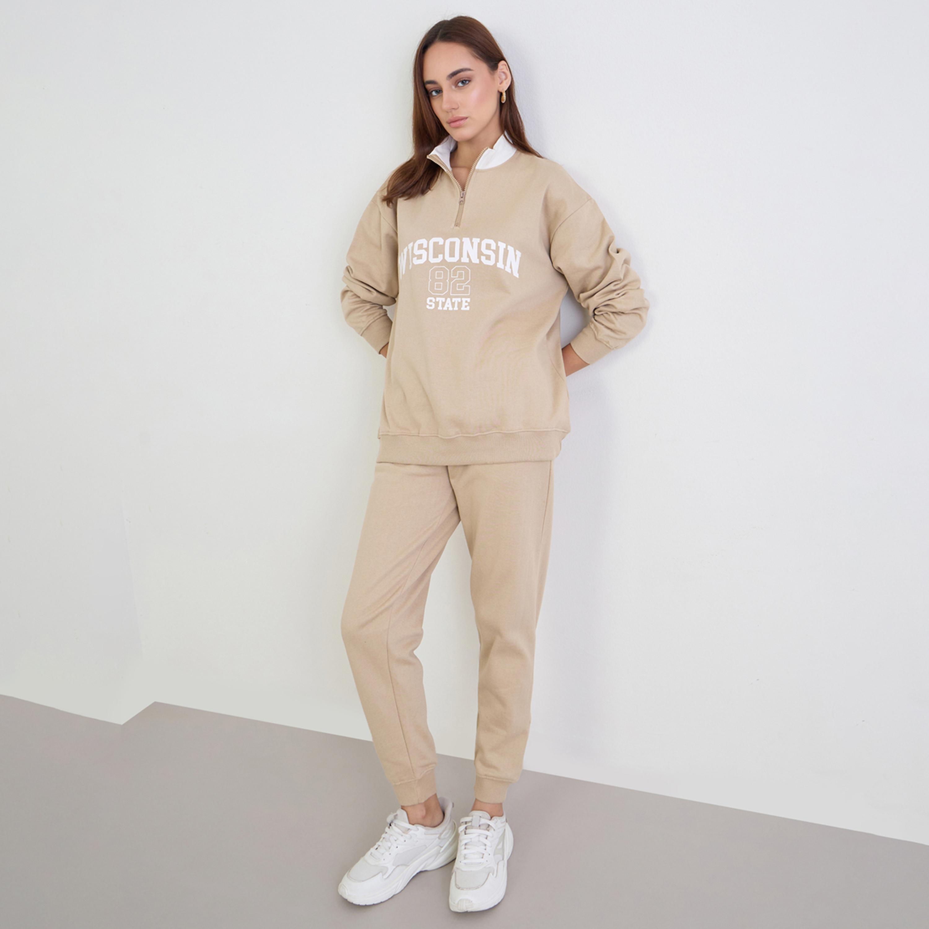 Styli Brown Longline Sweatshirt and Joggers Co-Ords-women-clothing-coordsets-image-1