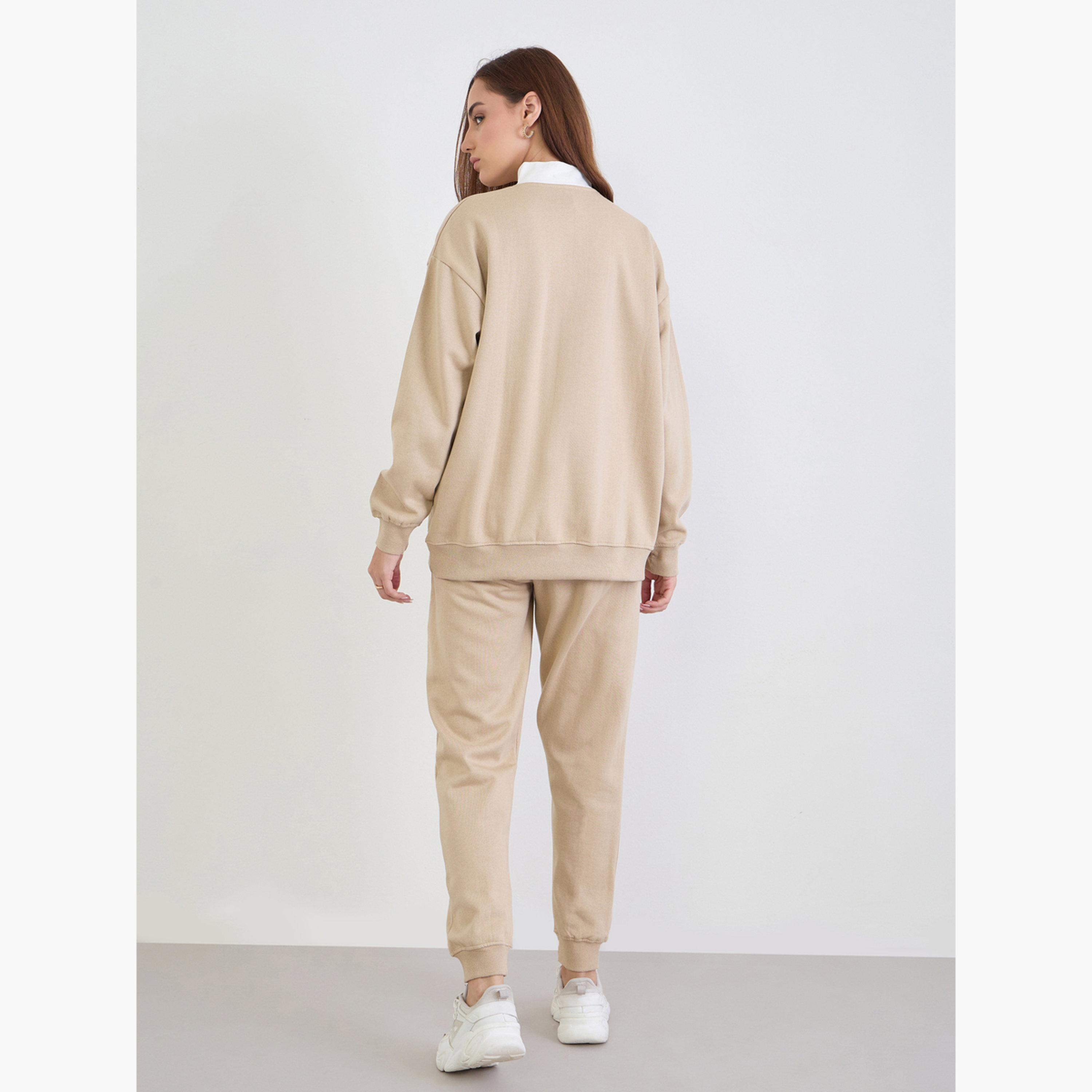 Styli Brown Longline Sweatshirt and Joggers Co-Ords-women-clothing-coordsets-image-3