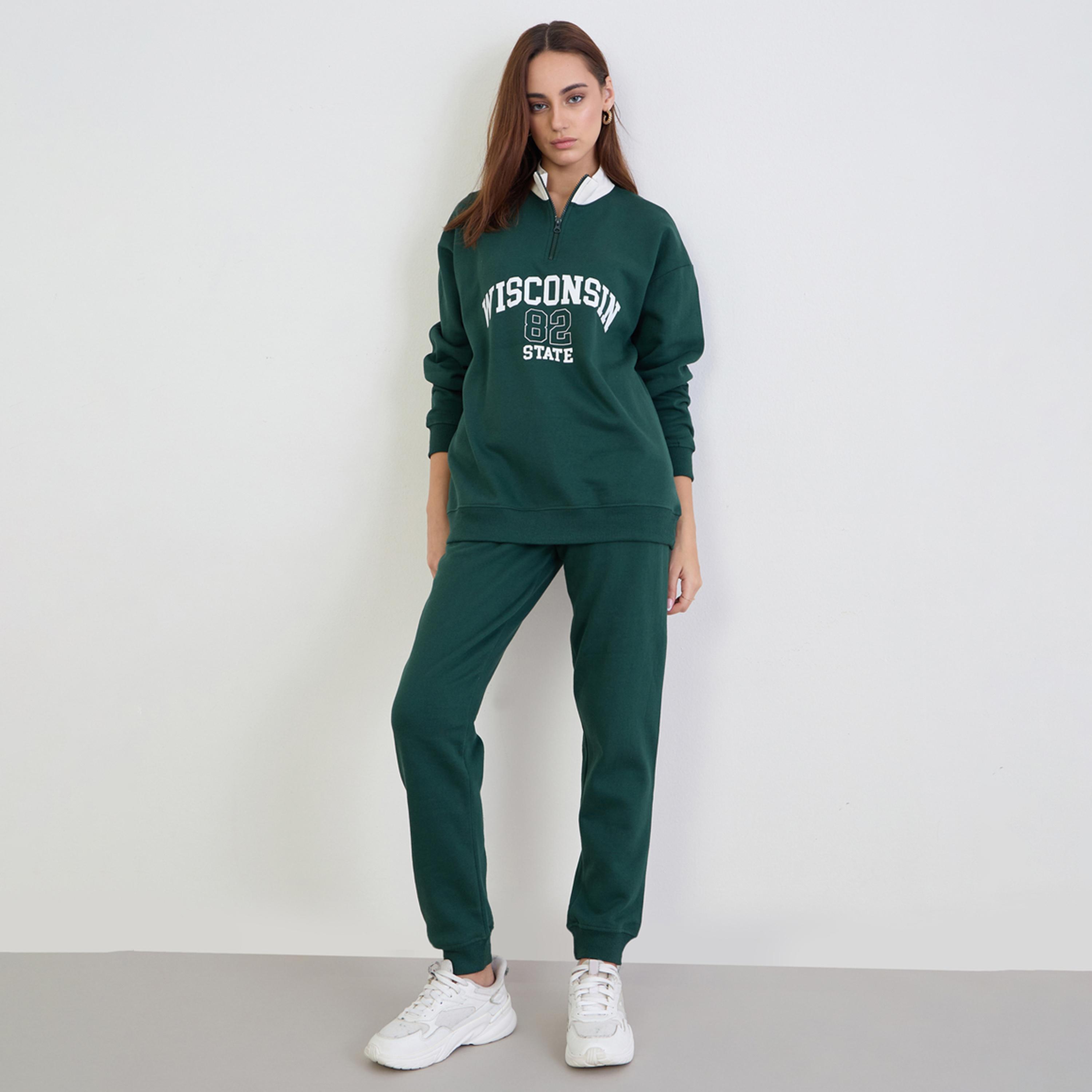 ستايلي - طقم سويت شيرت طويل لون أخضر الداكن مع بنطال رياضي-women-clothing-coordsets-image-1