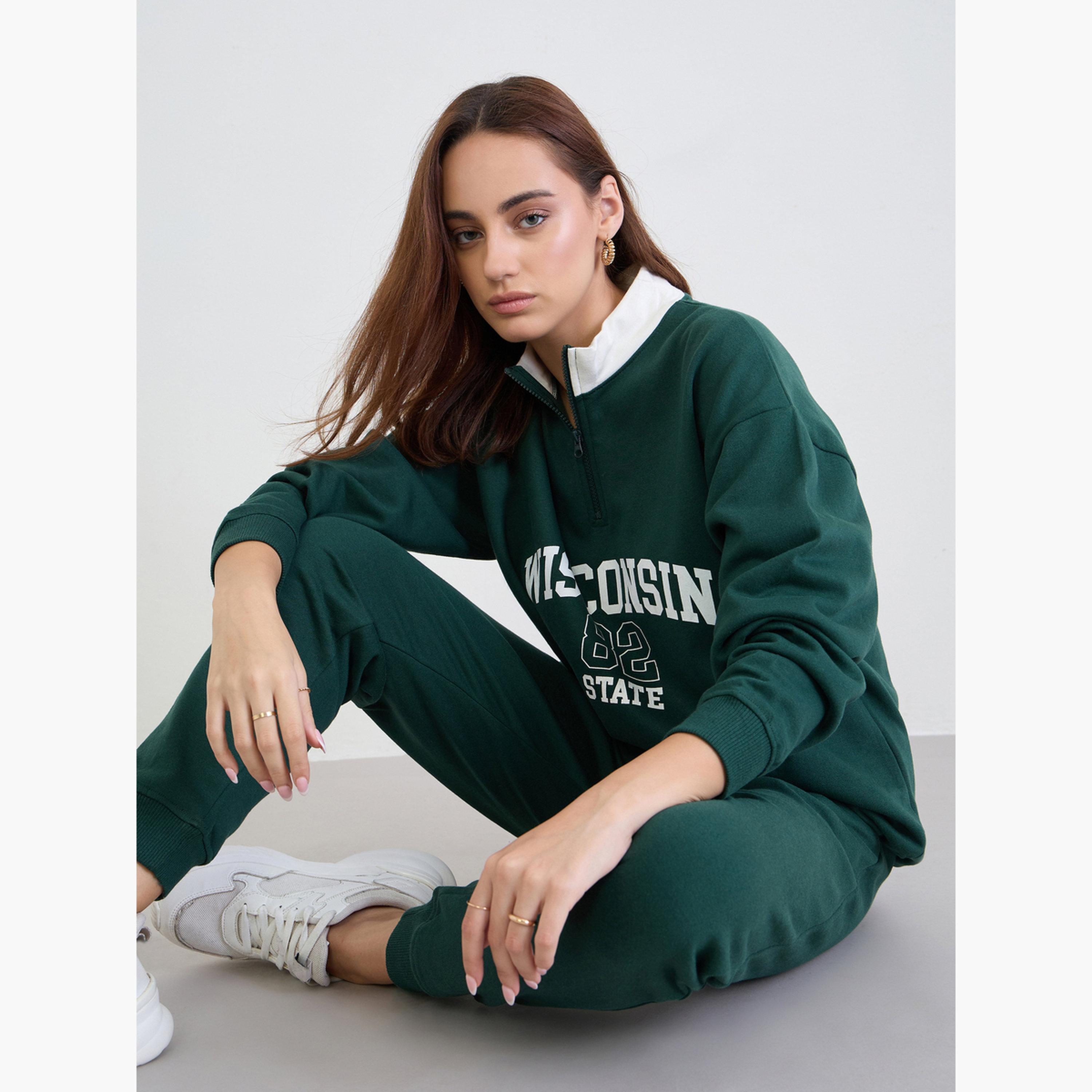 Styli Dark Green Longline Sweatshirt and Joggers Co-Ords-women-clothing-coordsets-image-2