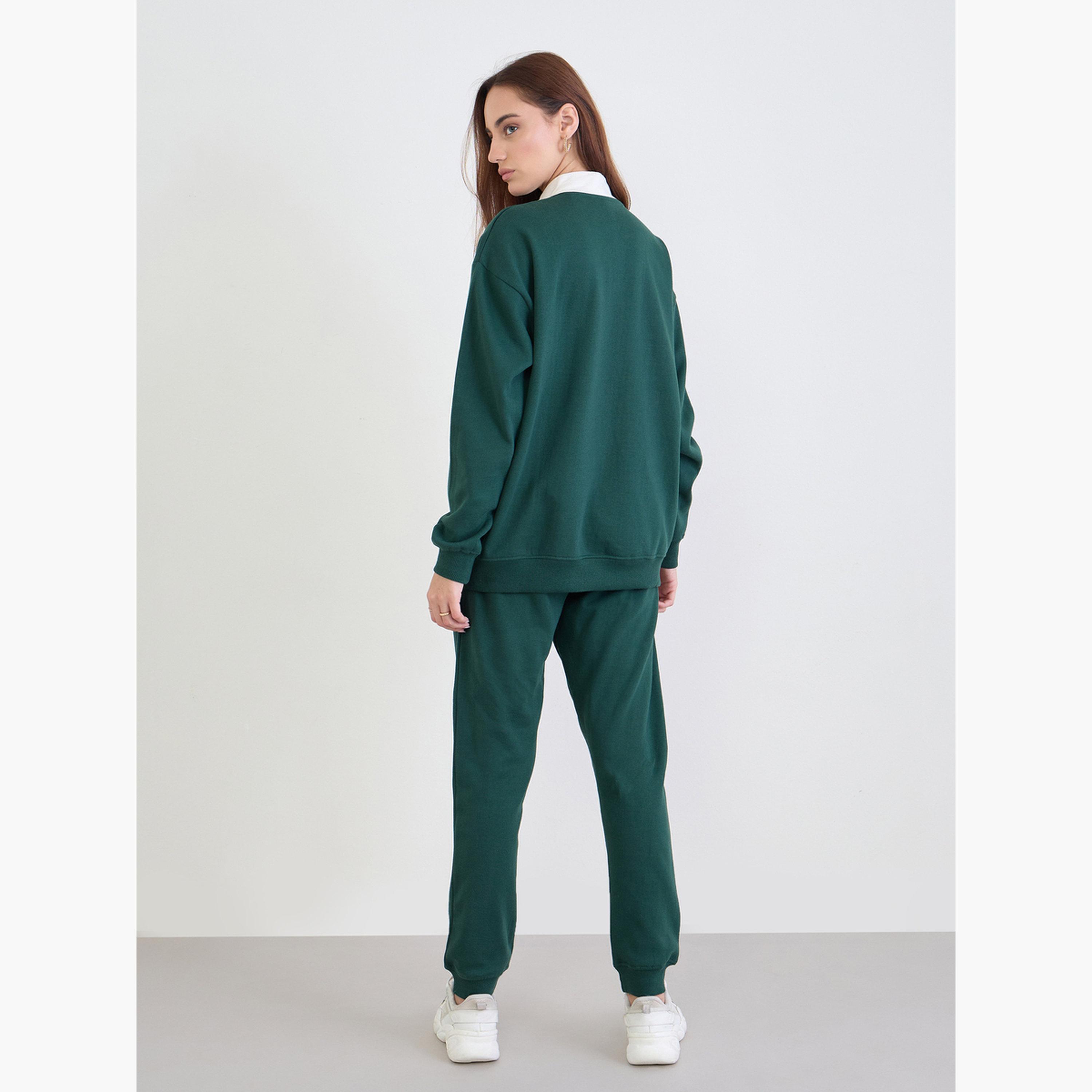 Styli Dark Green Longline Sweatshirt and Joggers Co-Ords-women-clothing-coordsets-image-4