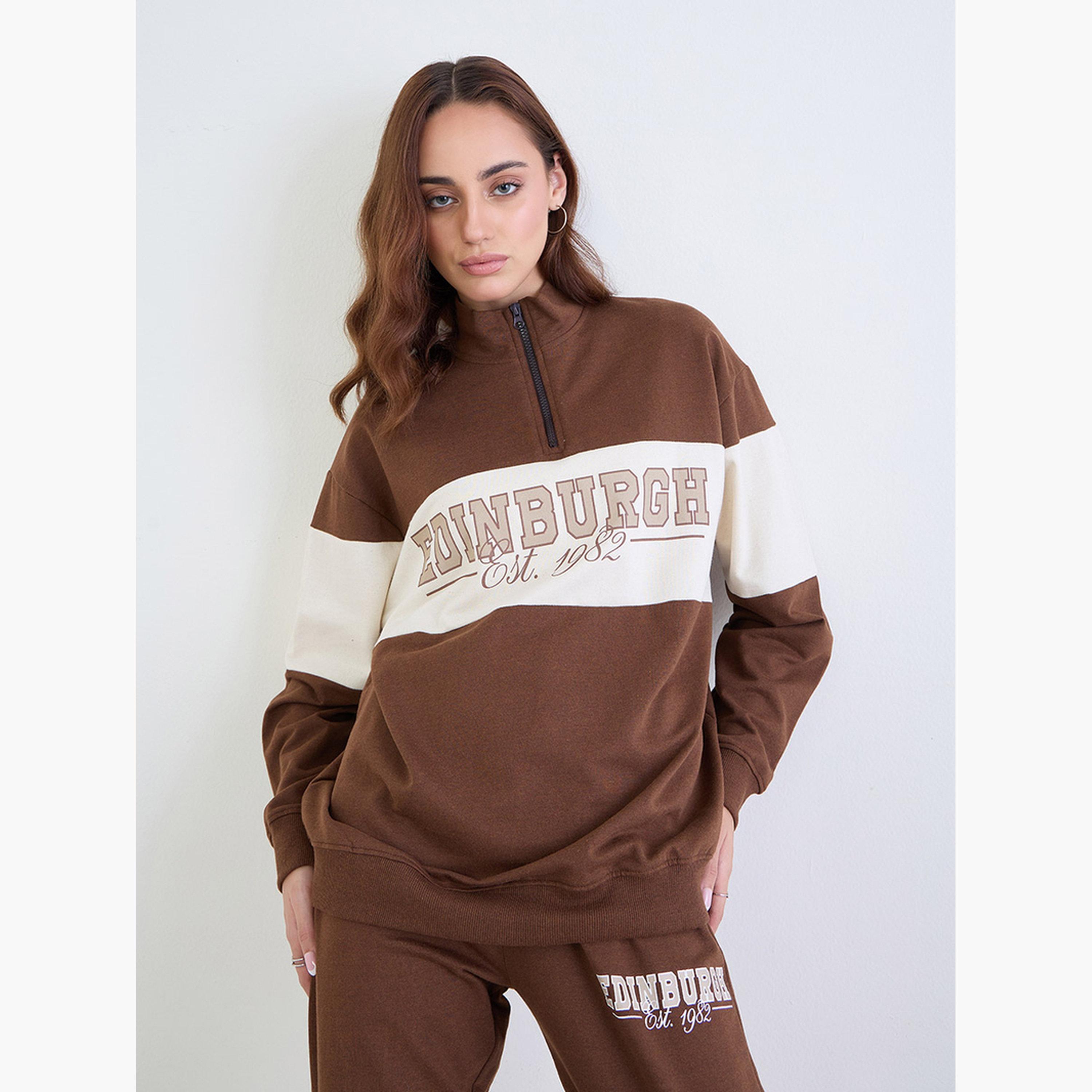 ستايلي - قميص رياضي طويل بأكمام وقصة عادية لون بني مع بنطال رياضي-women-clothing-coordsets-image-2