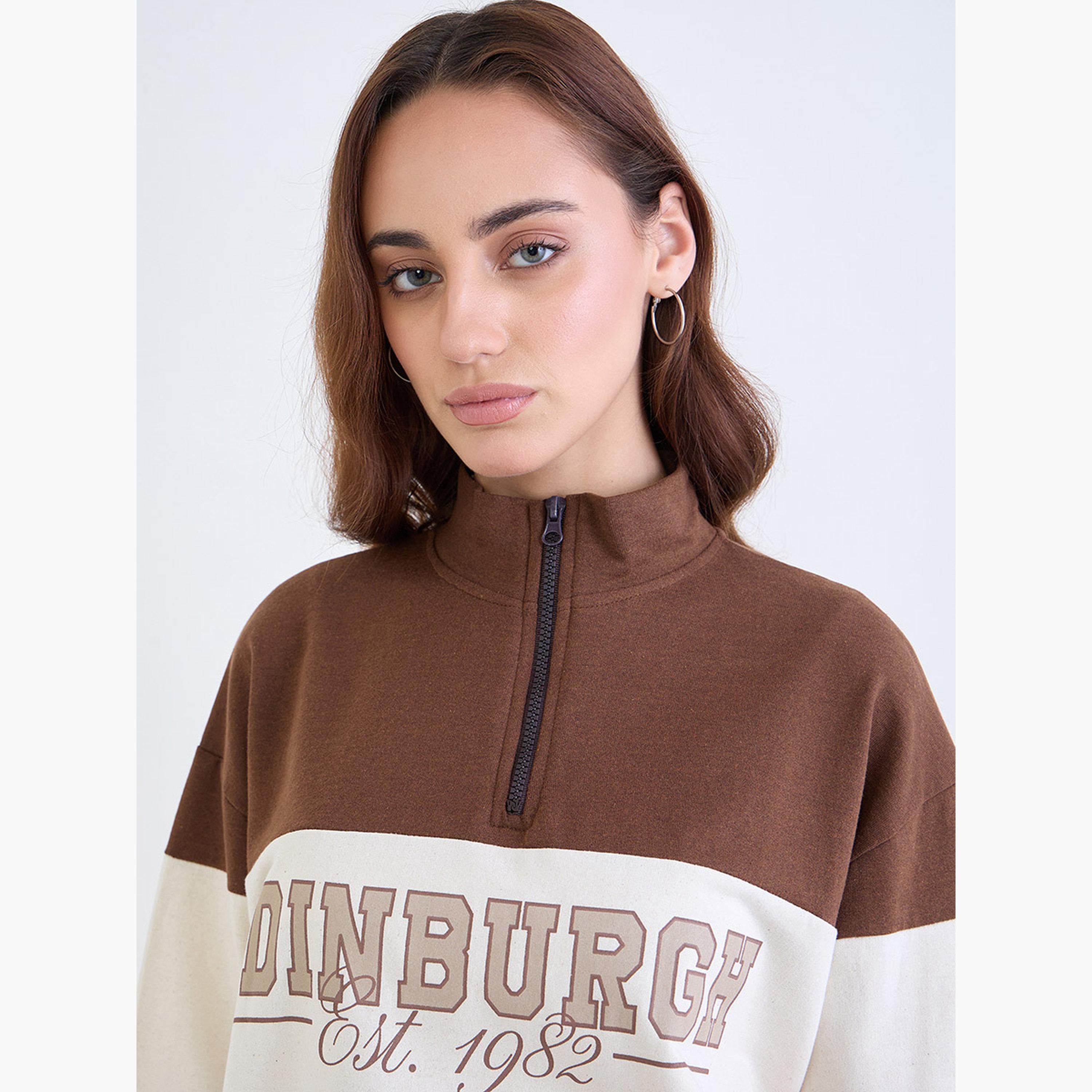 ستايلي - قميص رياضي طويل بأكمام وقصة عادية لون بني مع بنطال رياضي-women-clothing-coordsets-image-3