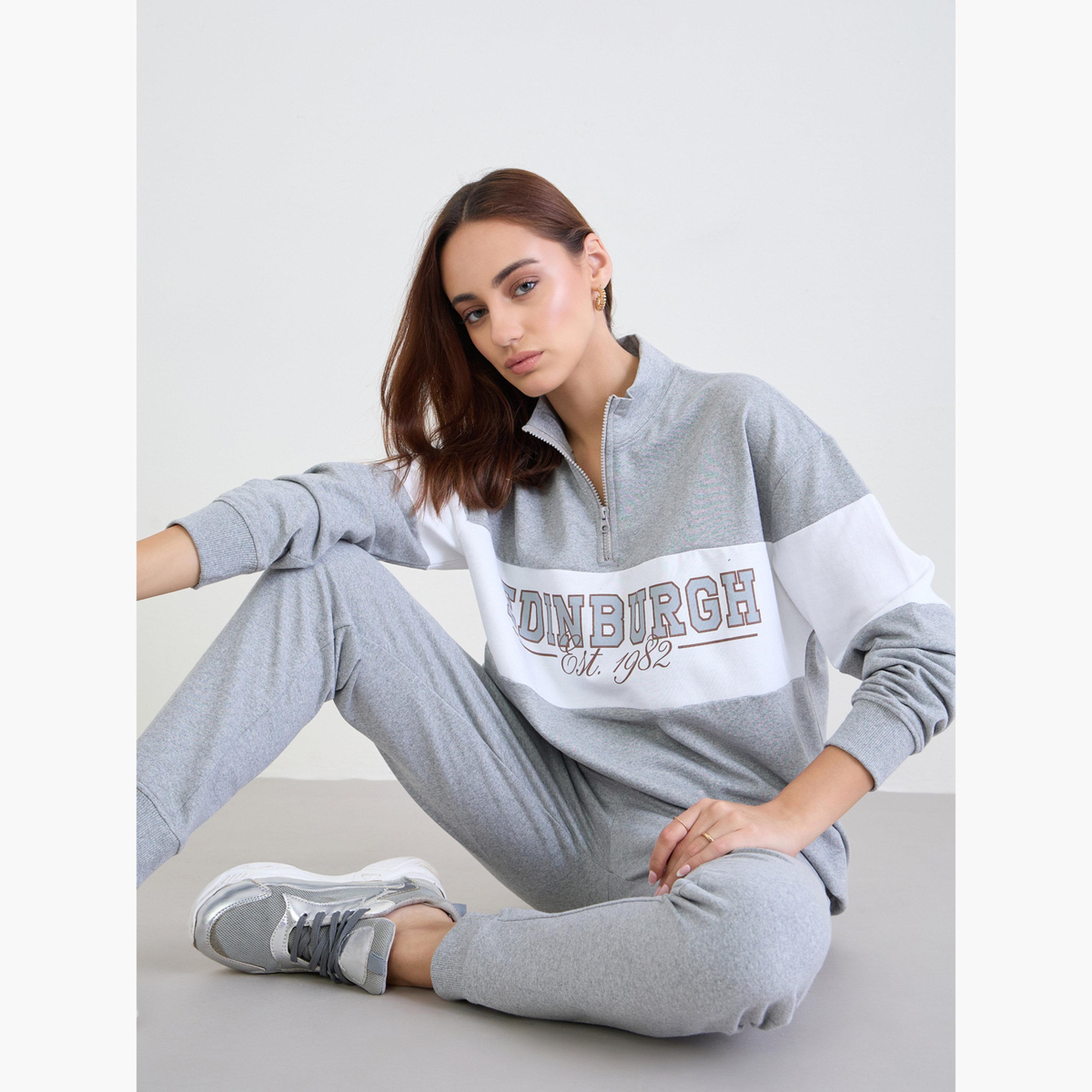 Styli Grey Regular Fit Longline Sweatshirt and Cuffed Jogger Co-Ords-women-clothing-coordsets-image-2