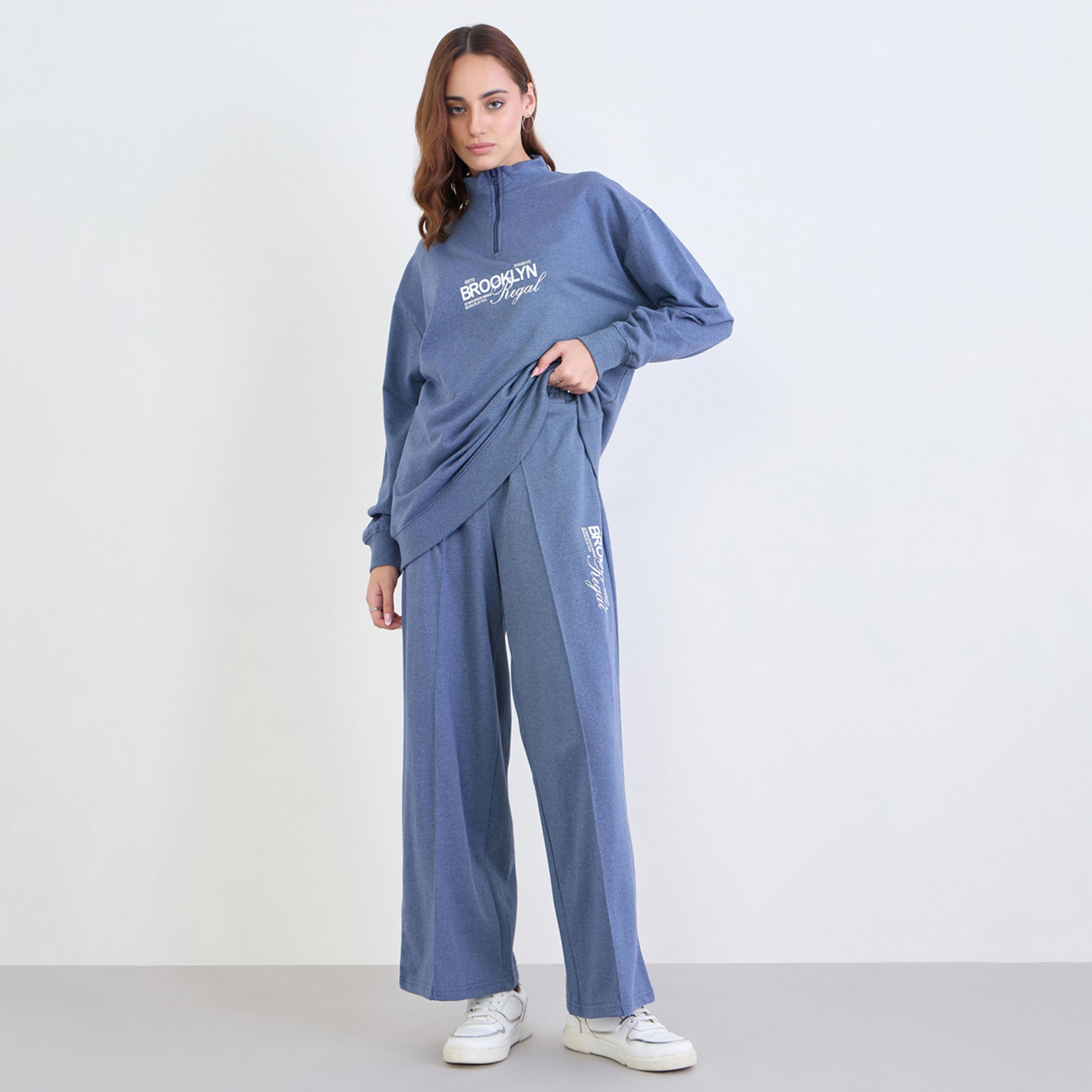 Styli Relaxed Fit Brooklyn New York Regal Printed Sweatshirt and Wide Joggers Co-Ords-women-clothing-coordsets-image-1