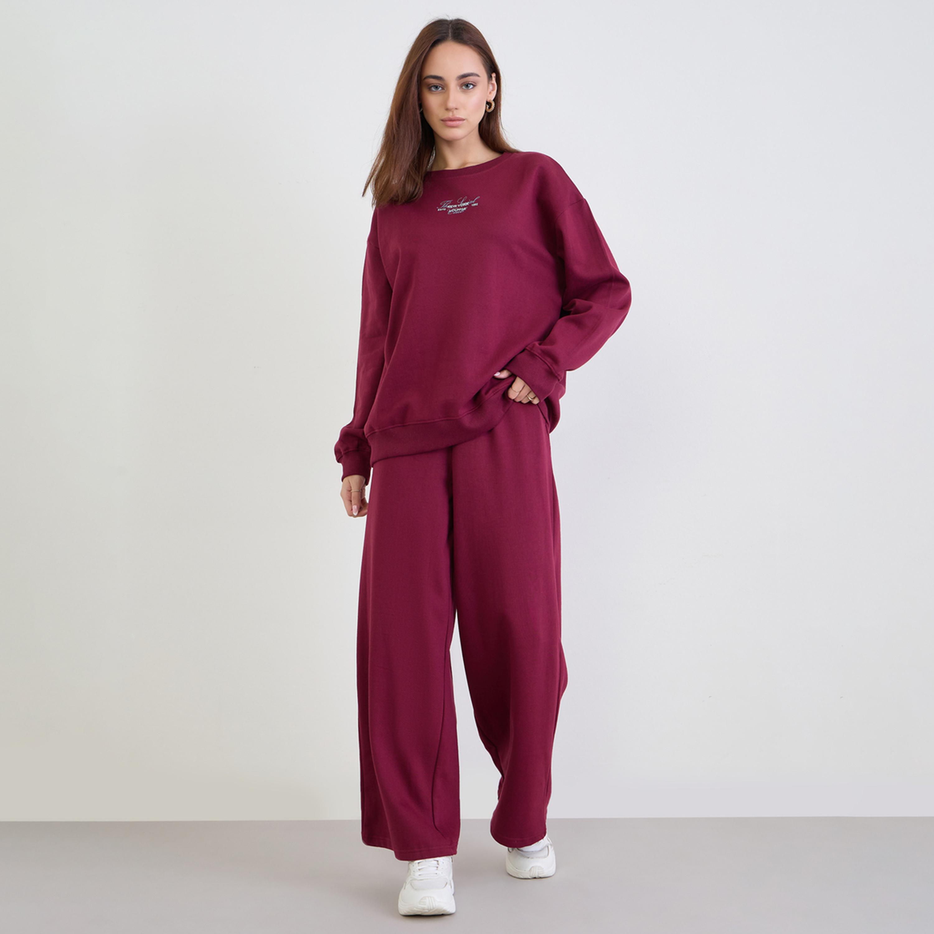 Styli Burgundy Longline Sweatshirt and Joggers Co-Ords-women-clothing-coordsets-image-1