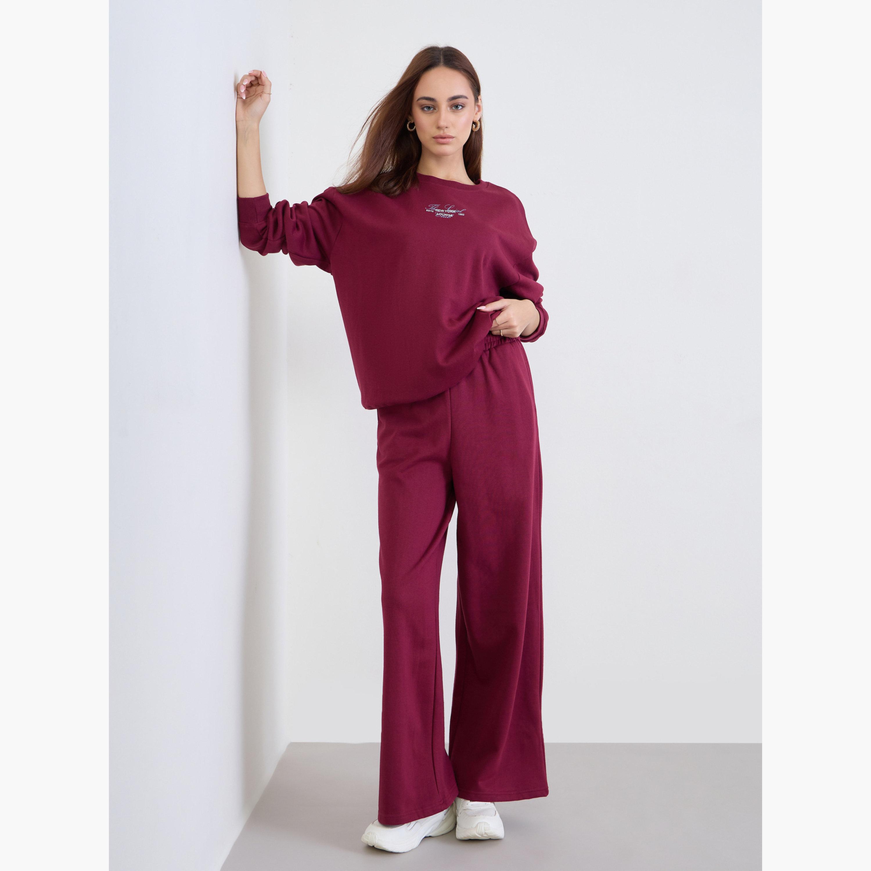 Styli Burgundy Longline Sweatshirt and Joggers Co-Ords-women-clothing-coordsets-image-2