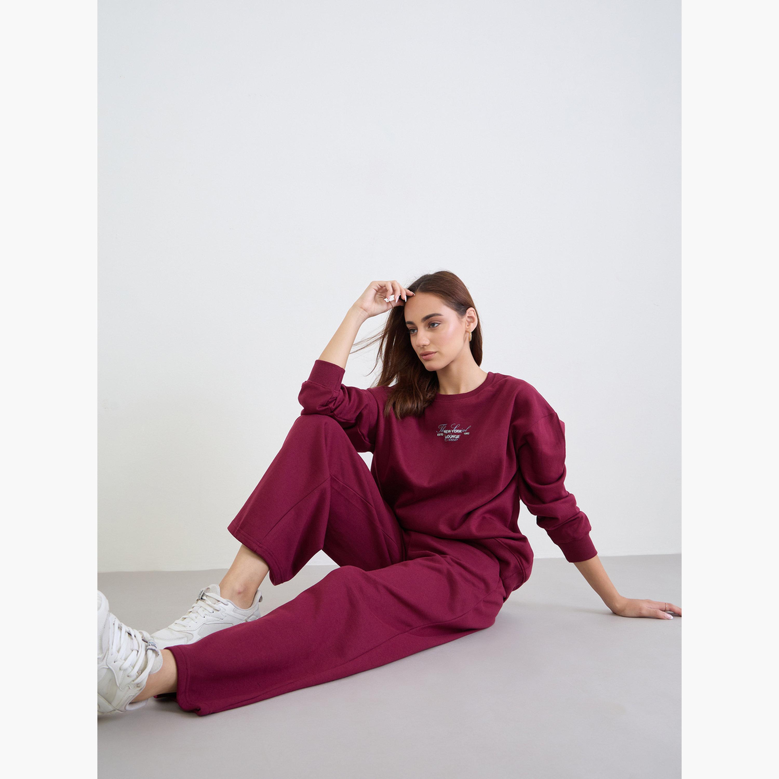 Styli Burgundy Longline Sweatshirt and Joggers Co-Ords-women-clothing-coordsets-image-3
