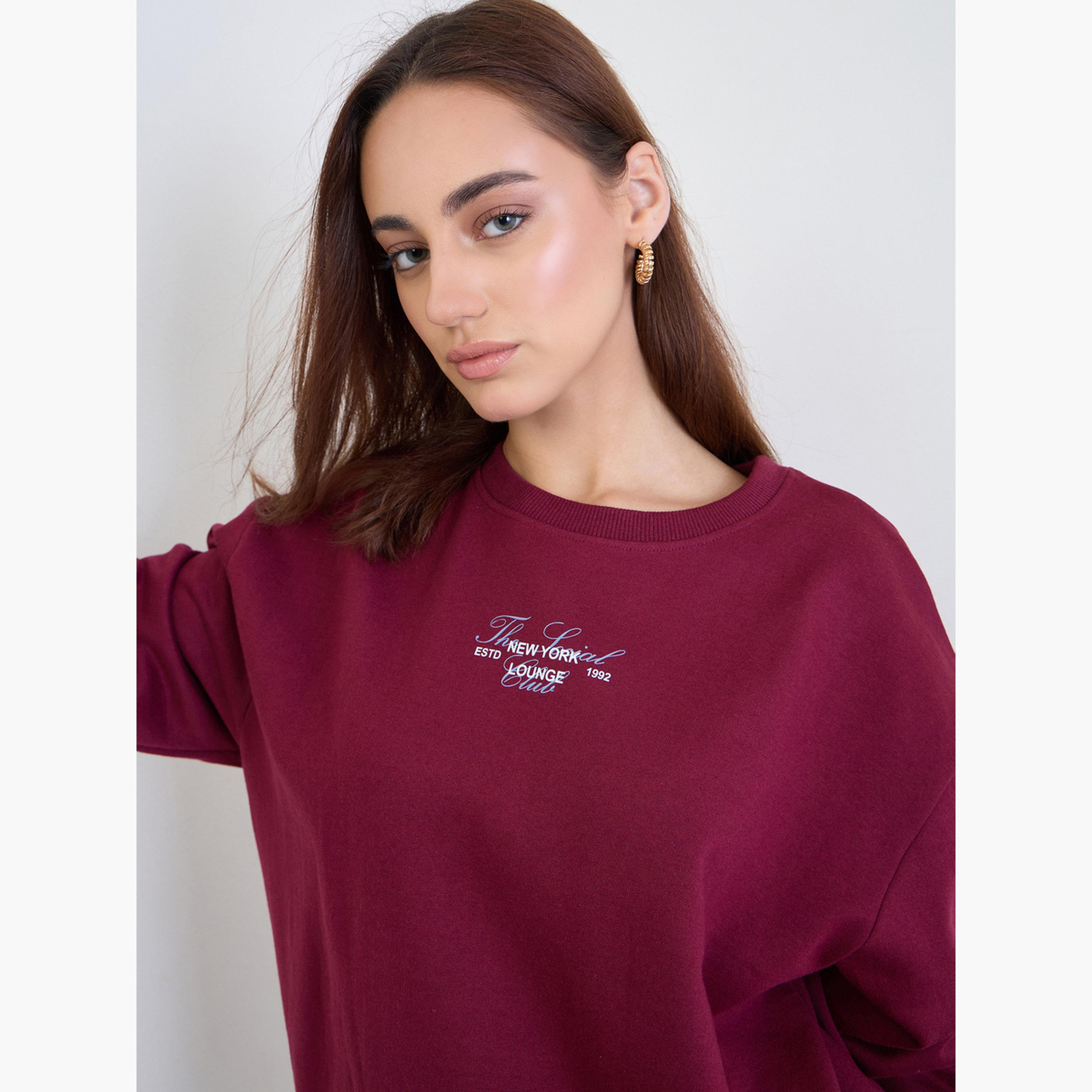ستايلي - طقم سويت شيرت طويل لون برغندي مع بنطال رياضي-women-clothing-coordsets-image-4