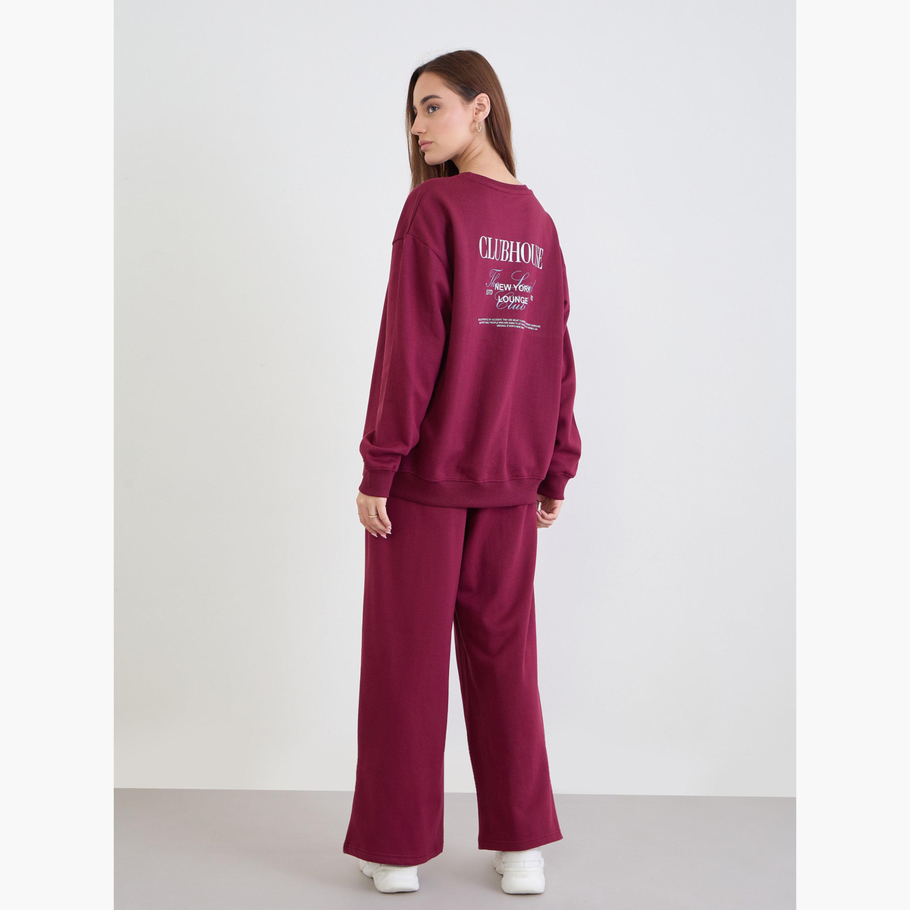ستايلي - طقم سويت شيرت طويل لون برغندي مع بنطال رياضي-women-clothing-coordsets-image-5