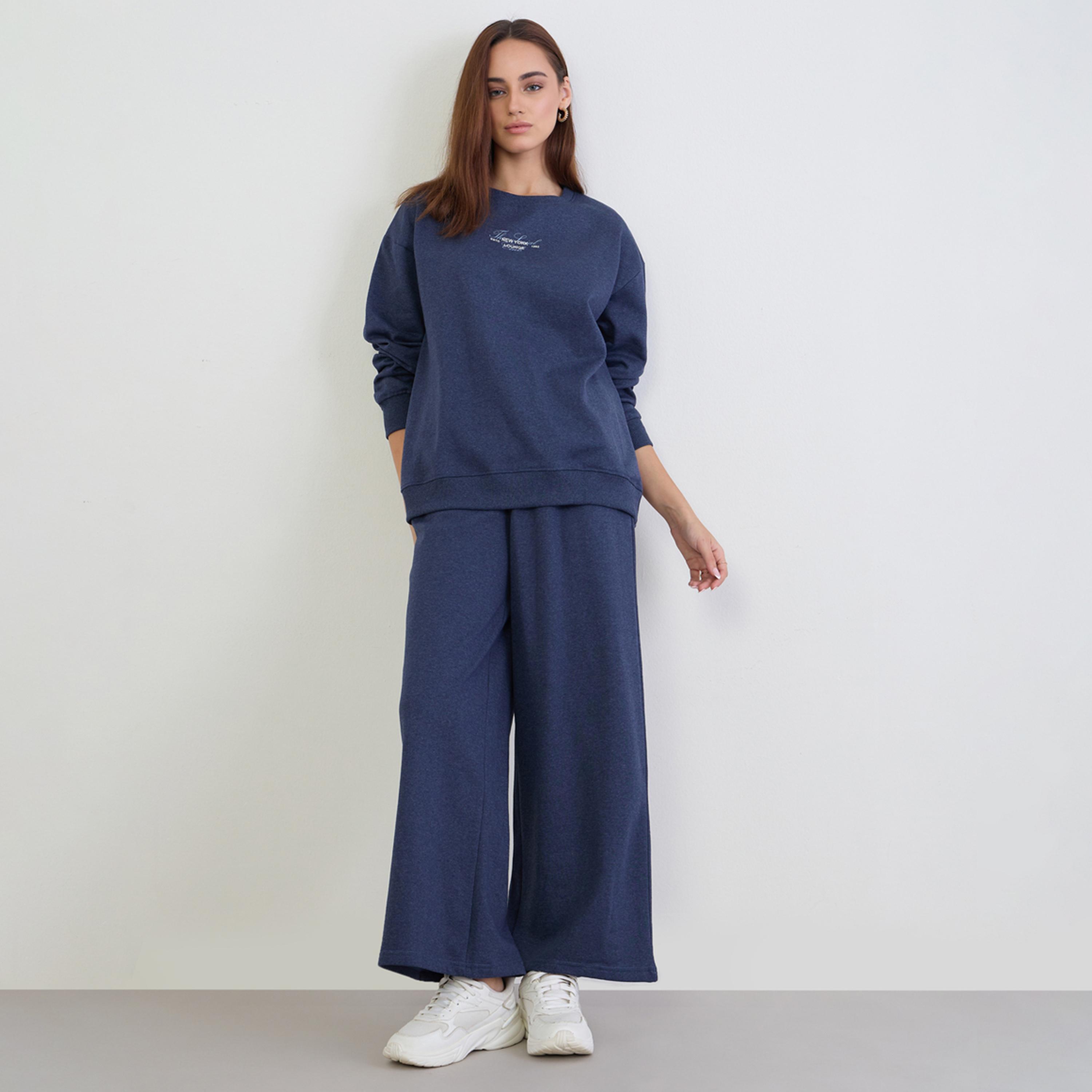 Styli Dark Blue Longline Sweatshirt and Joggers Co-Ords-women-clothing-coordsets-image-1