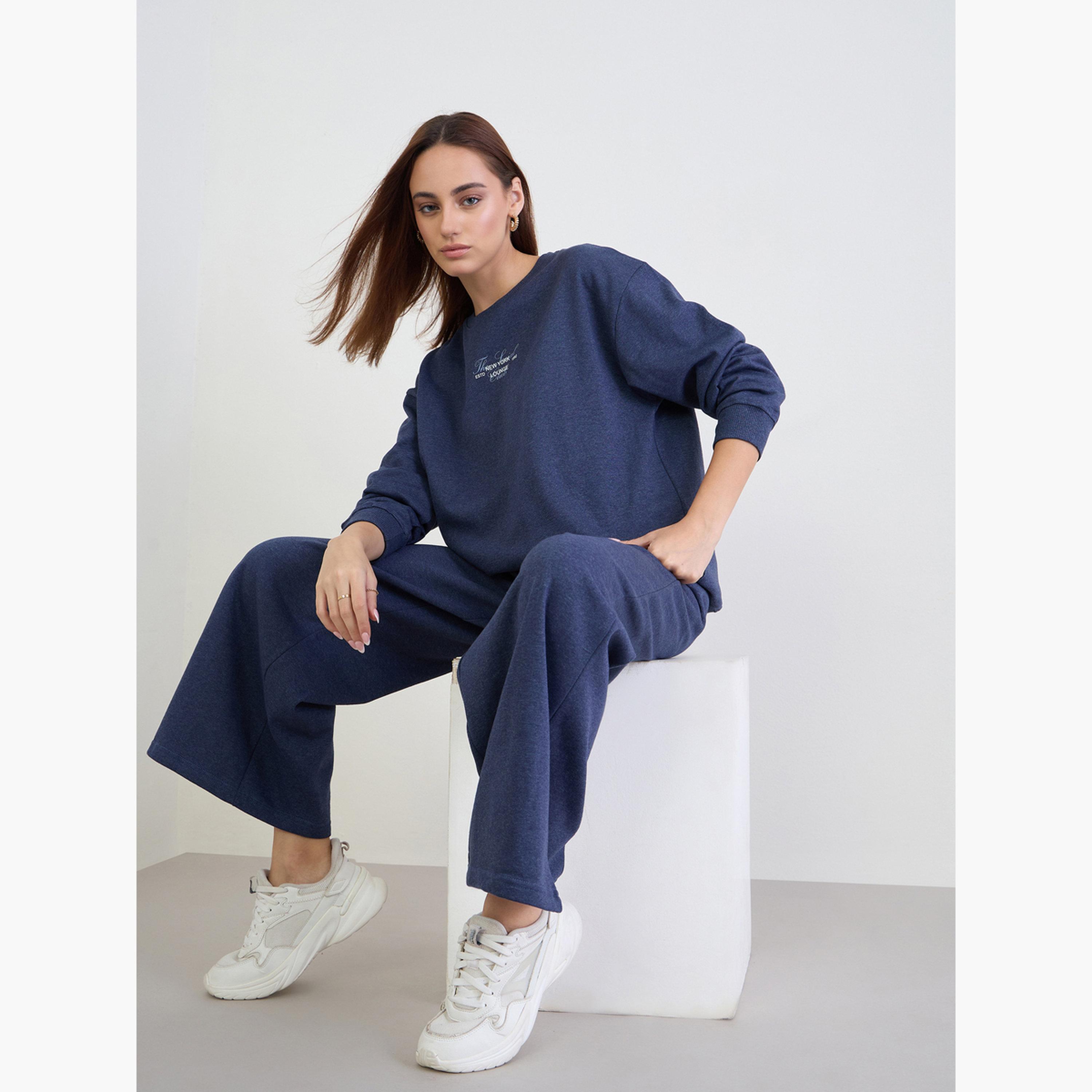 Styli Dark Blue Longline Sweatshirt and Joggers Co-Ords-women-clothing-coordsets-image-2