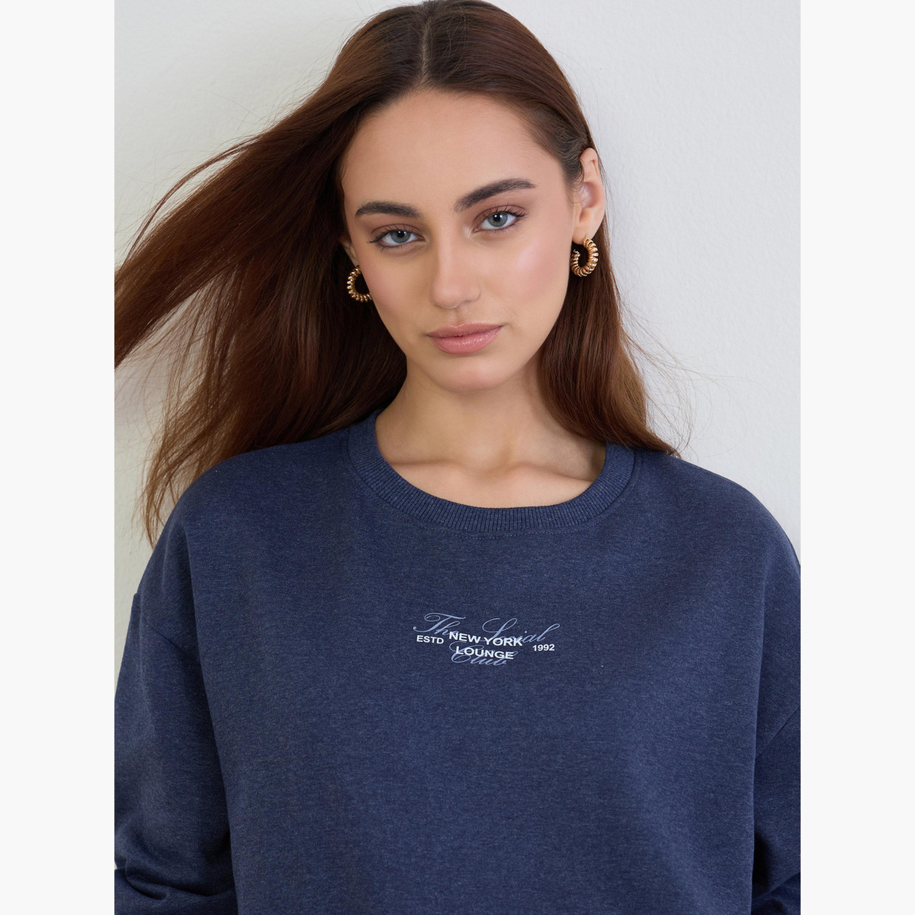 Styli Dark Blue Longline Sweatshirt and Joggers Co-Ords-women-clothing-coordsets-image-3