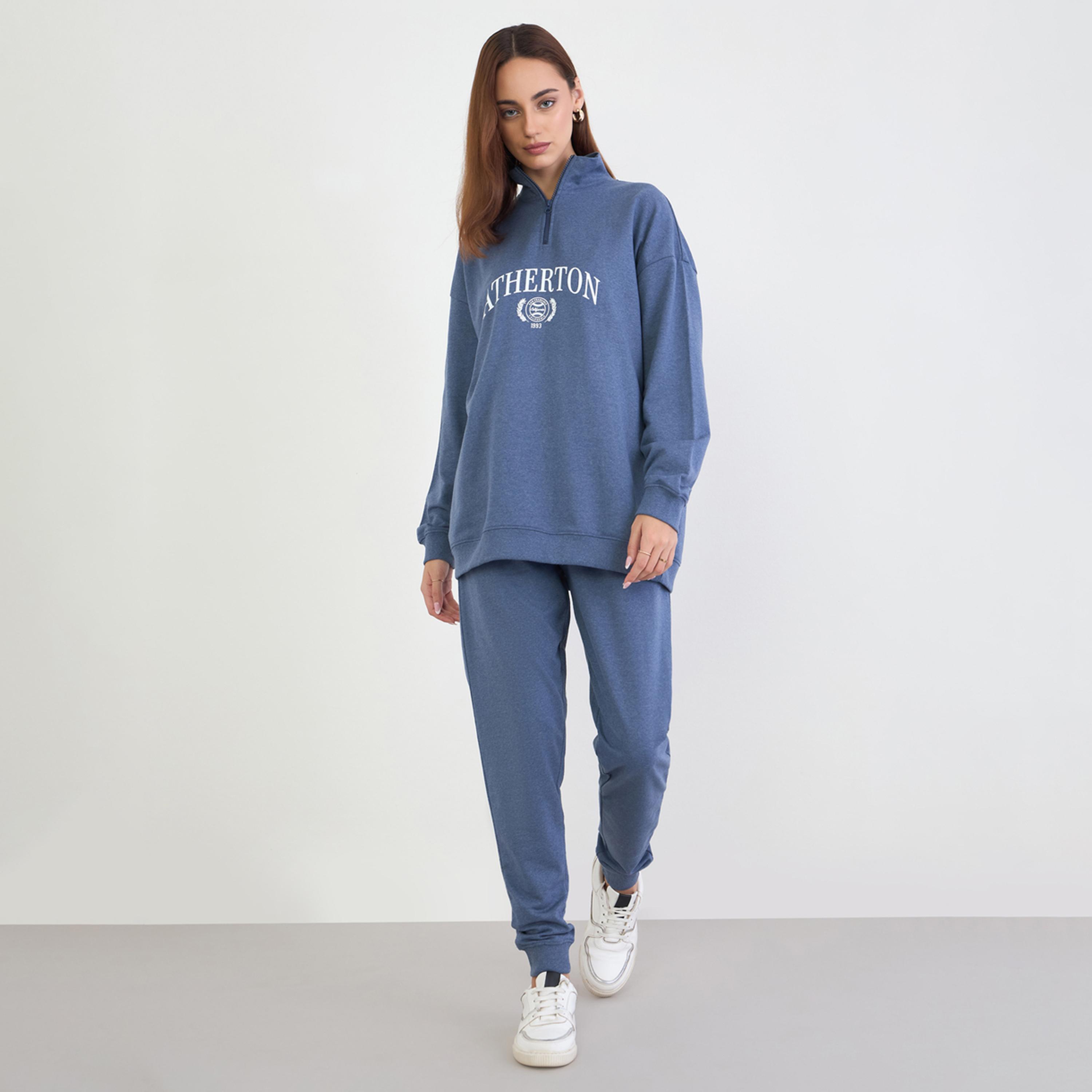 Styli Blue Oversized Longline Sweatshirt and Joggers Co-Ords-women-clothing-coordsets-image-1