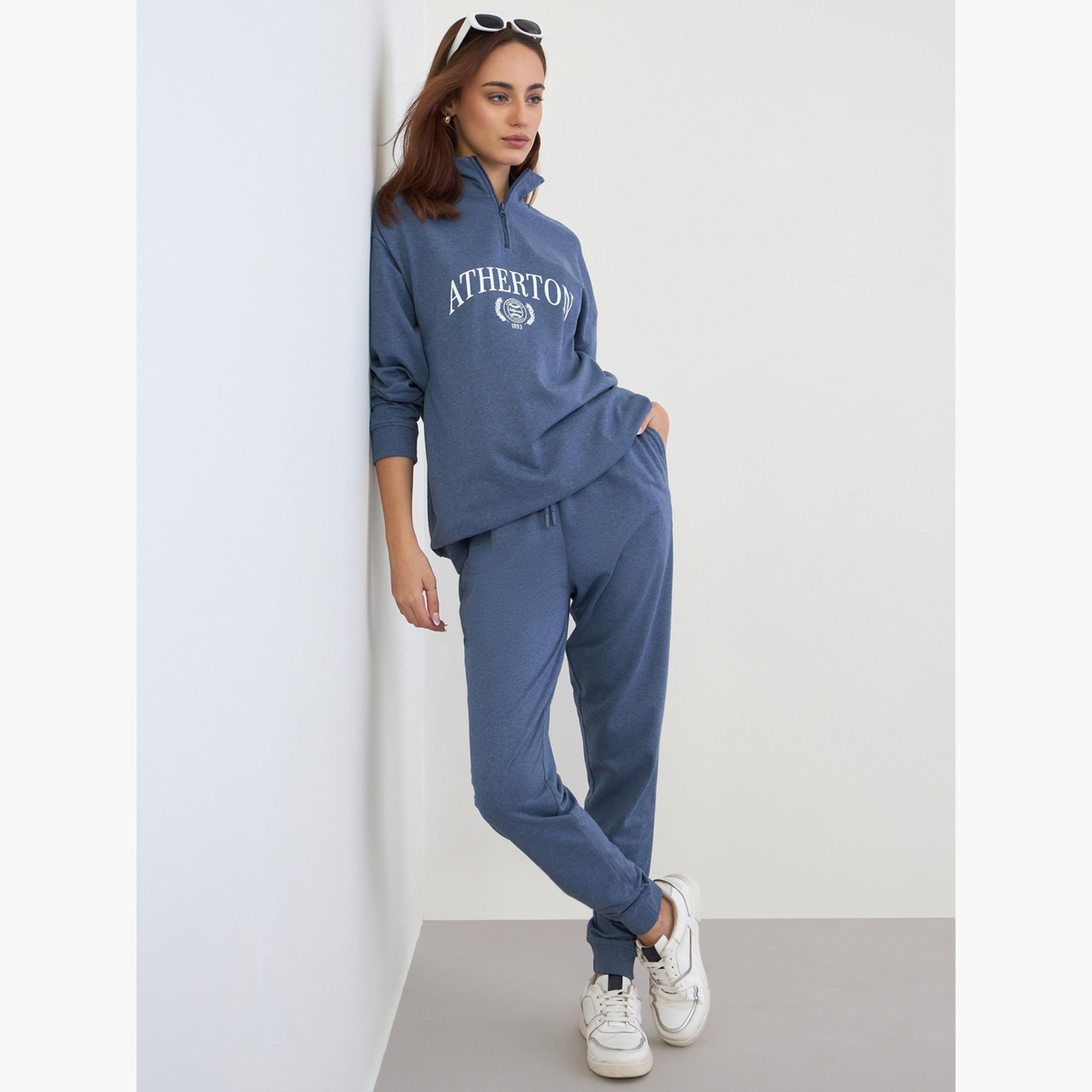 Styli Blue Oversized Longline Sweatshirt and Joggers Co-Ords-women-clothing-coordsets-image-2