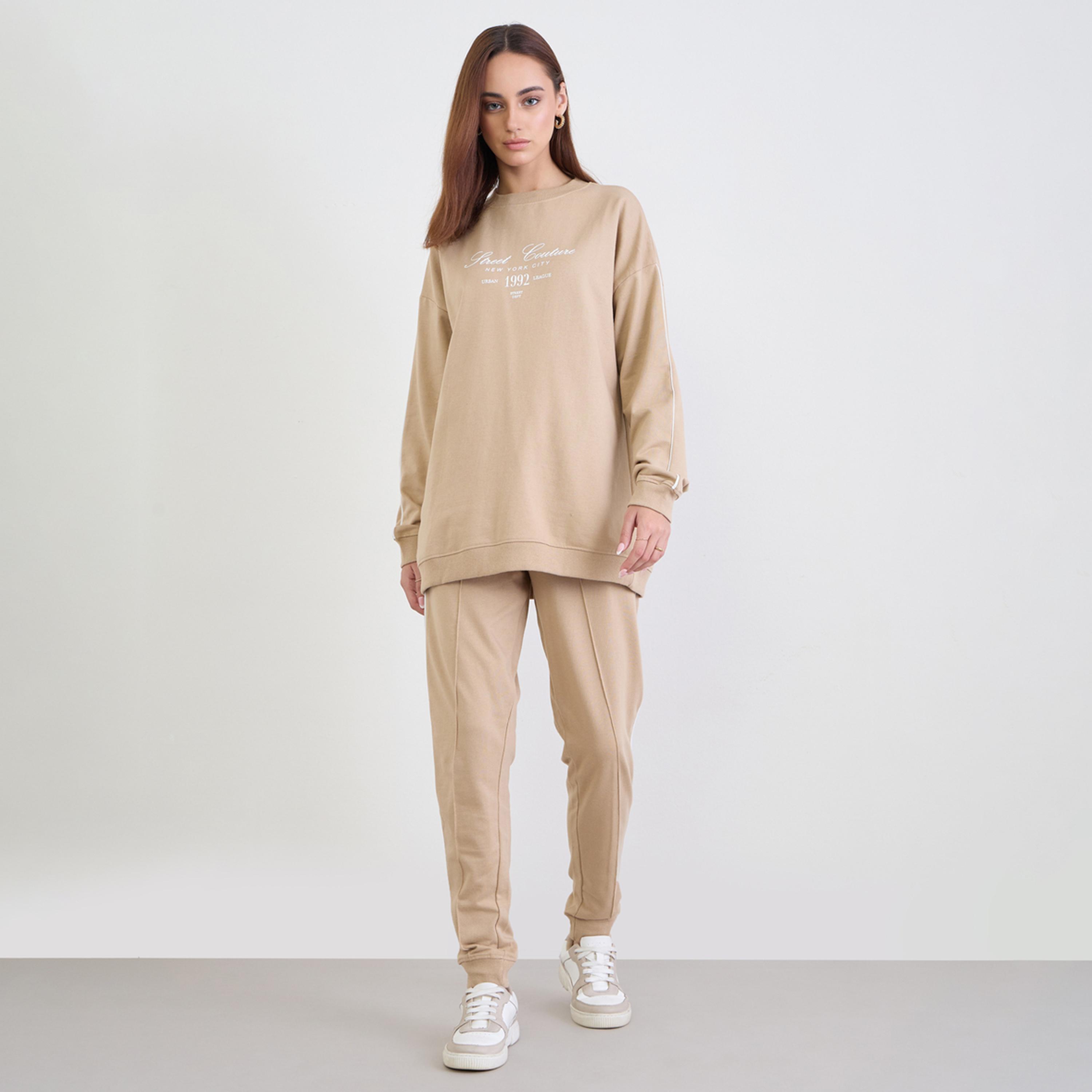 Styli Brown Oversized Longline Sweatshirt and Joggers Co-Ords-women-clothing-coordsets-image-1