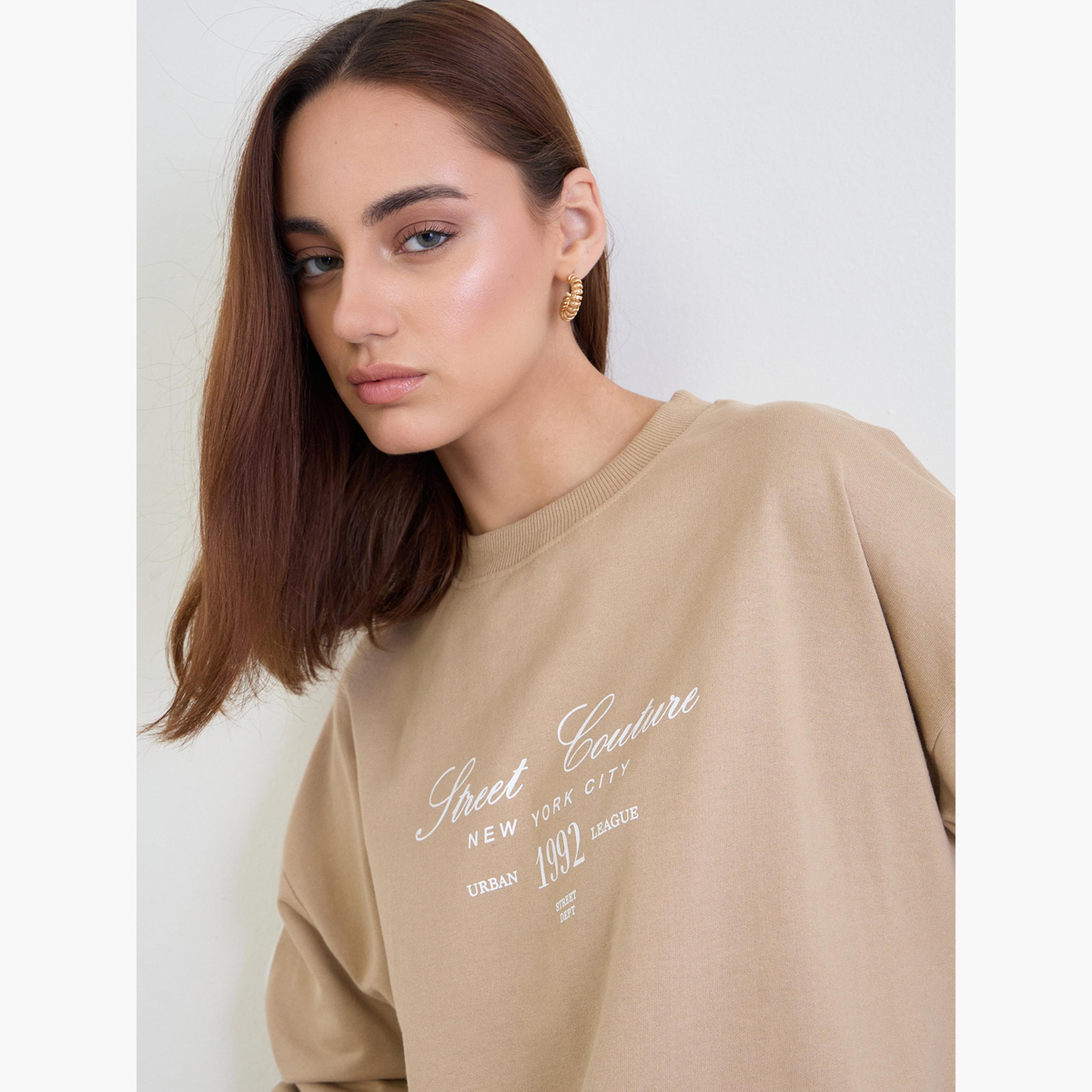 Styli Brown Oversized Longline Sweatshirt and Joggers Co-Ords-women-clothing-coordsets-image-2