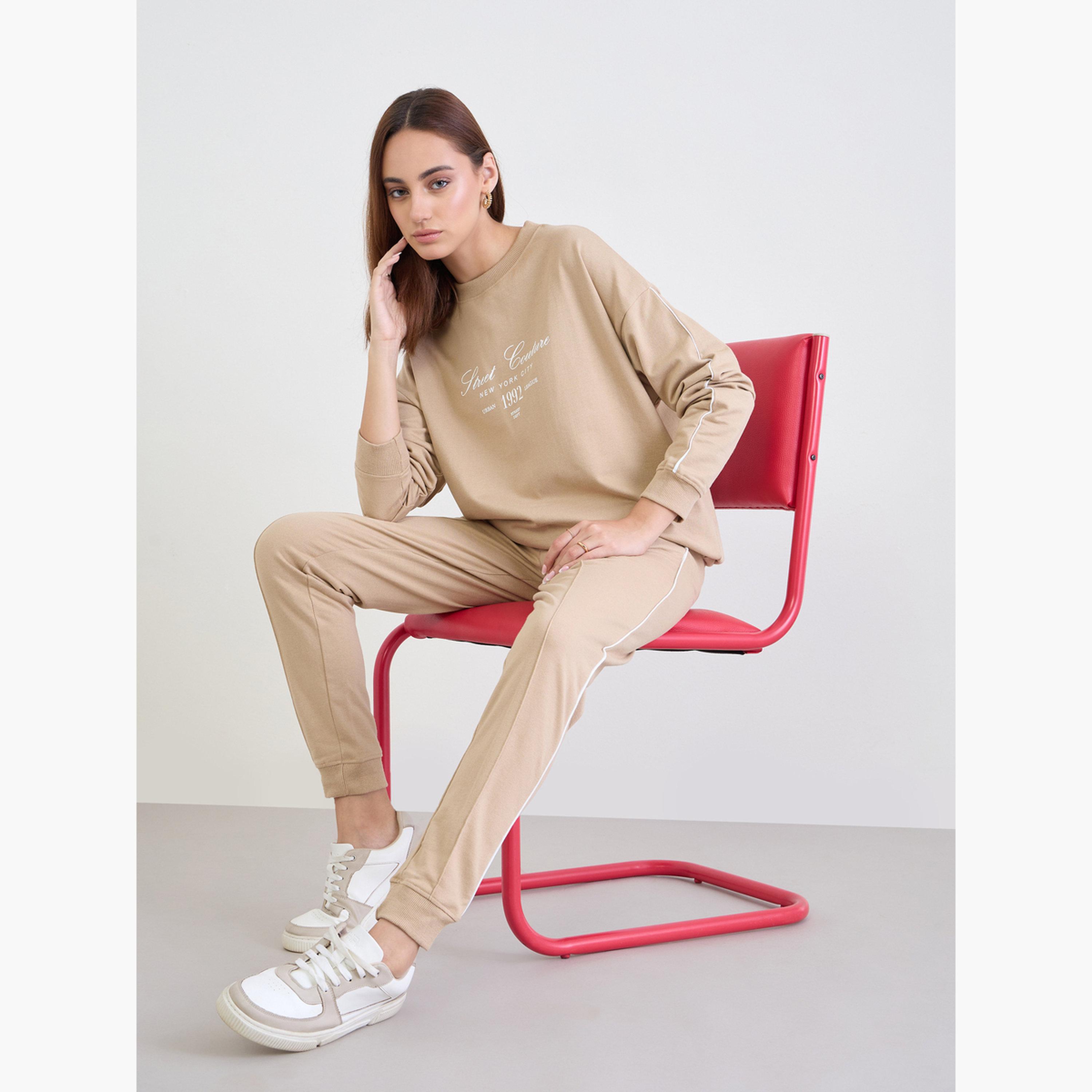 Styli Brown Oversized Longline Sweatshirt and Joggers Co-Ords-women-clothing-coordsets-image-3