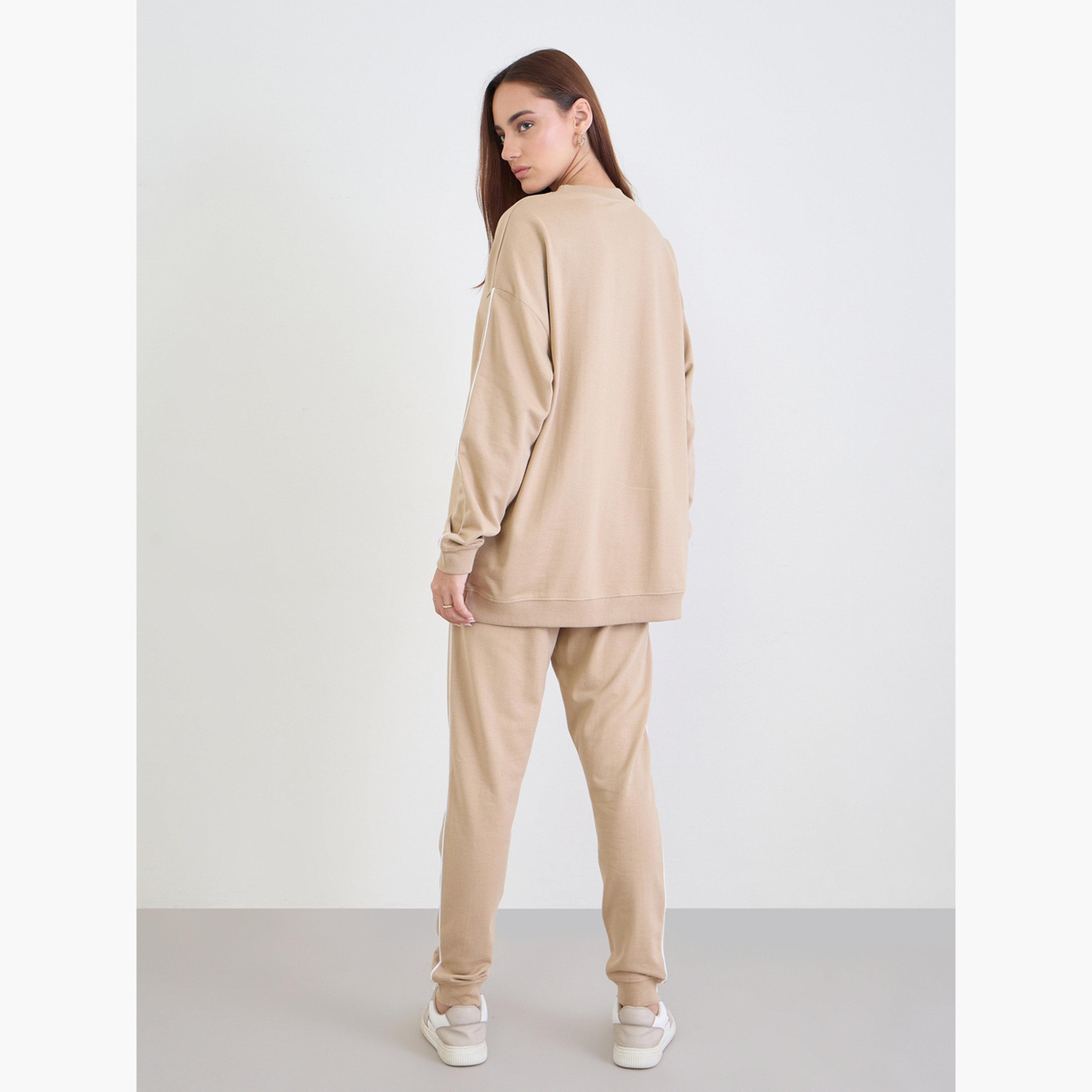 Styli Brown Oversized Longline Sweatshirt and Joggers Co-Ords-women-clothing-coordsets-image-4