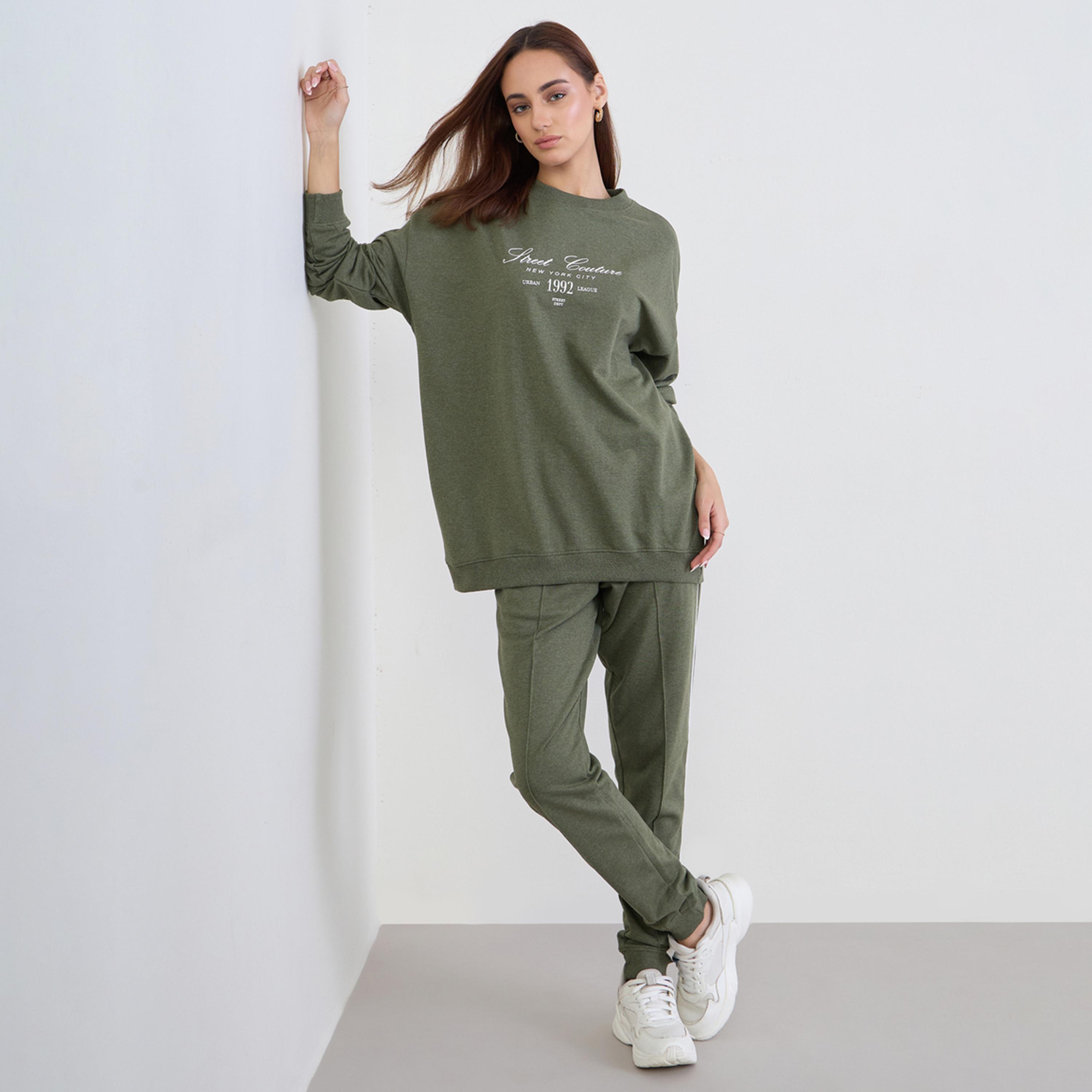 Styli Olive Oversized Longline Sweatshirt and Joggers Co-Ords-women-clothing-coordsets-image-1