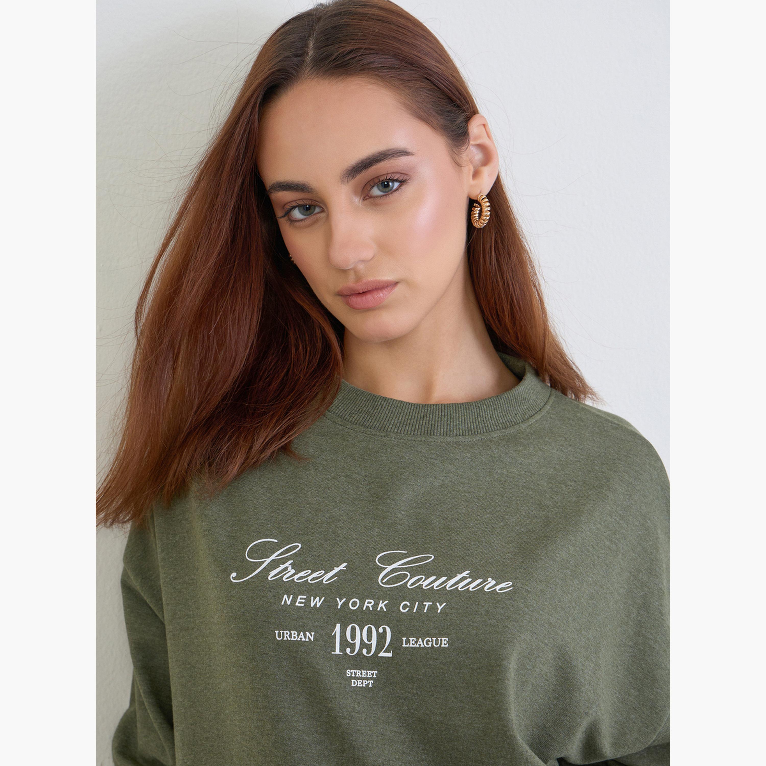 Styli Olive Oversized Longline Sweatshirt and Joggers Co-Ords-women-clothing-coordsets-image-2