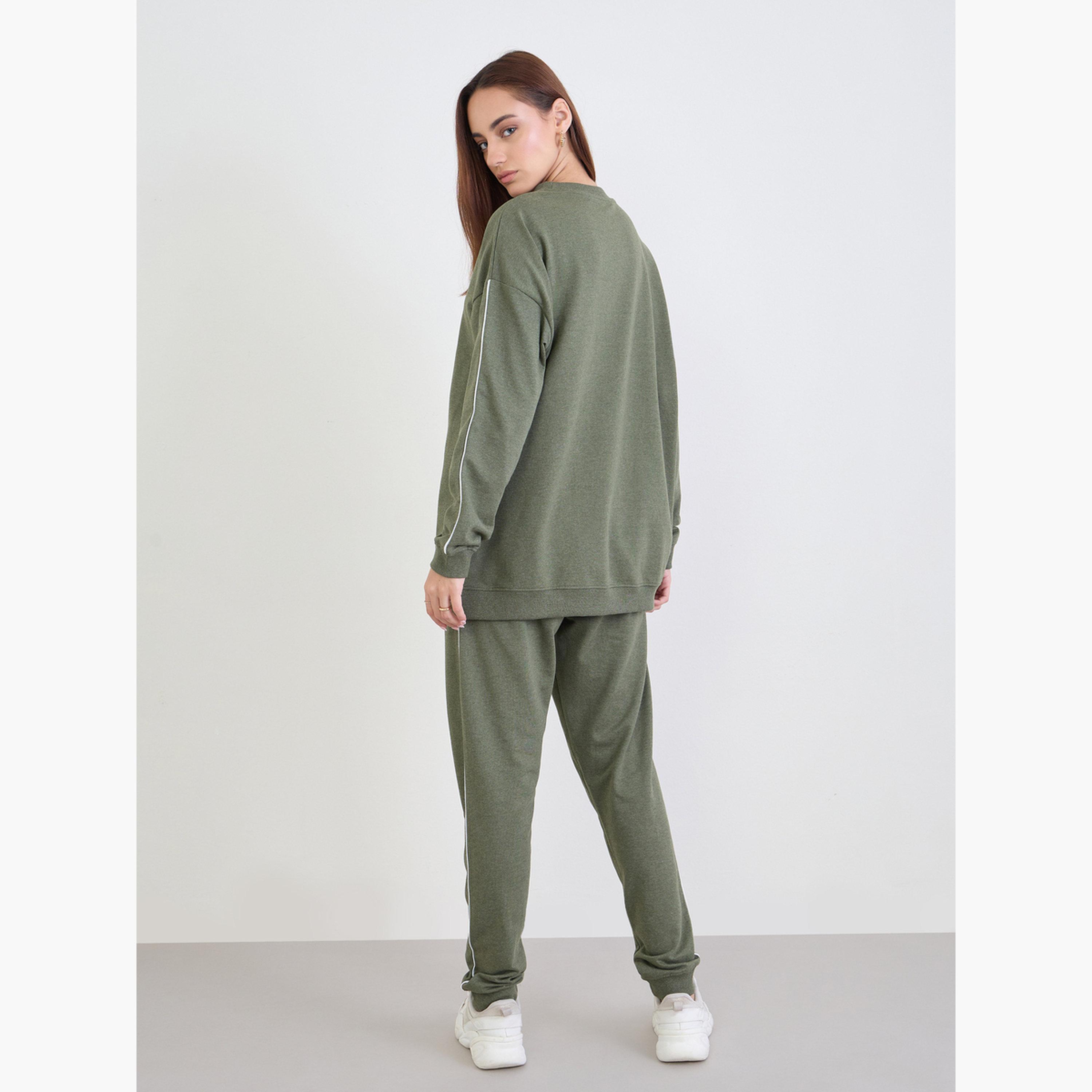 Styli Olive Oversized Longline Sweatshirt and Joggers Co-Ords-women-clothing-coordsets-image-3