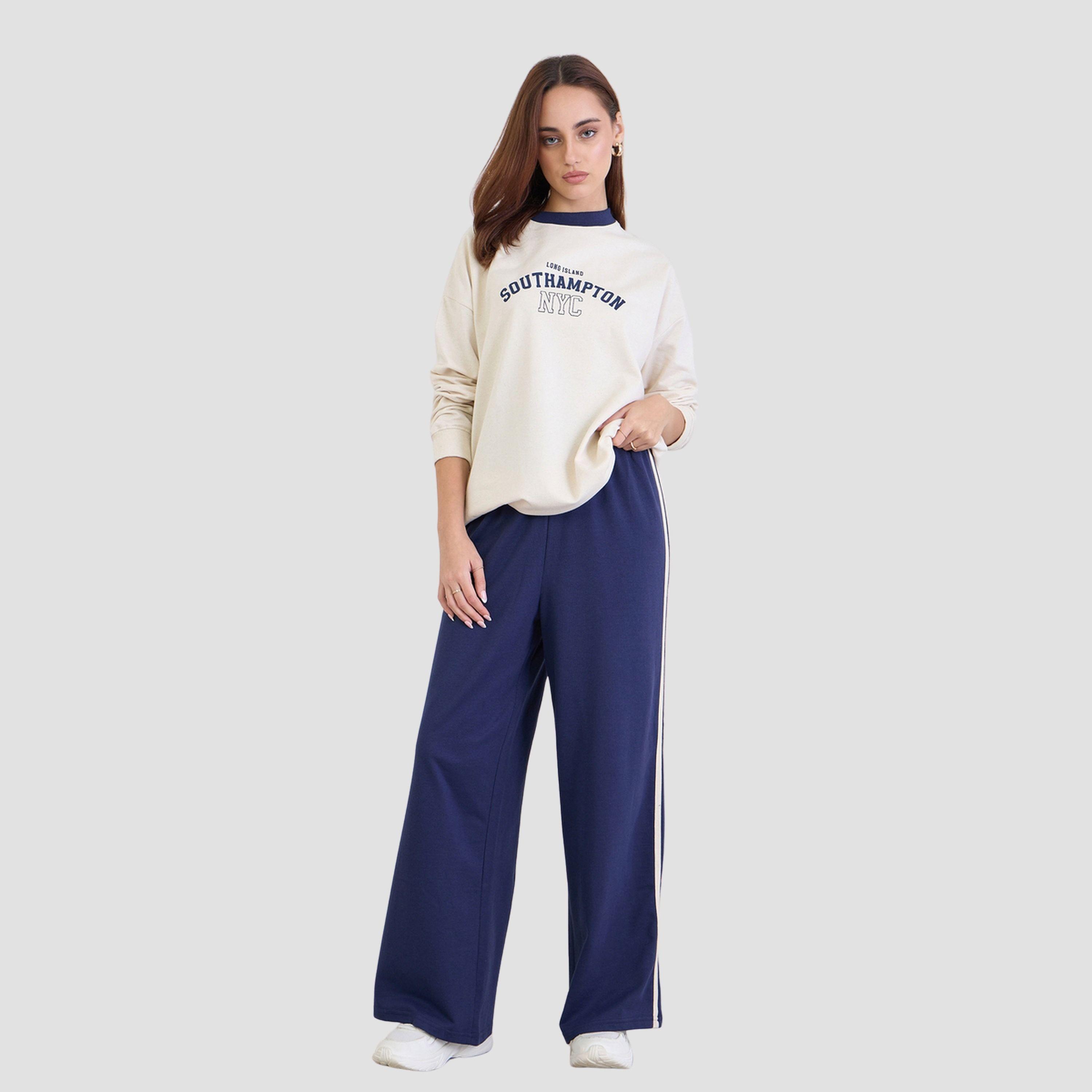 ستايلي - قميص رياضي طويل تصميم واسع مع بنطال رياضي واسع الساق للنساء-women-clothing-coordsets-image-1