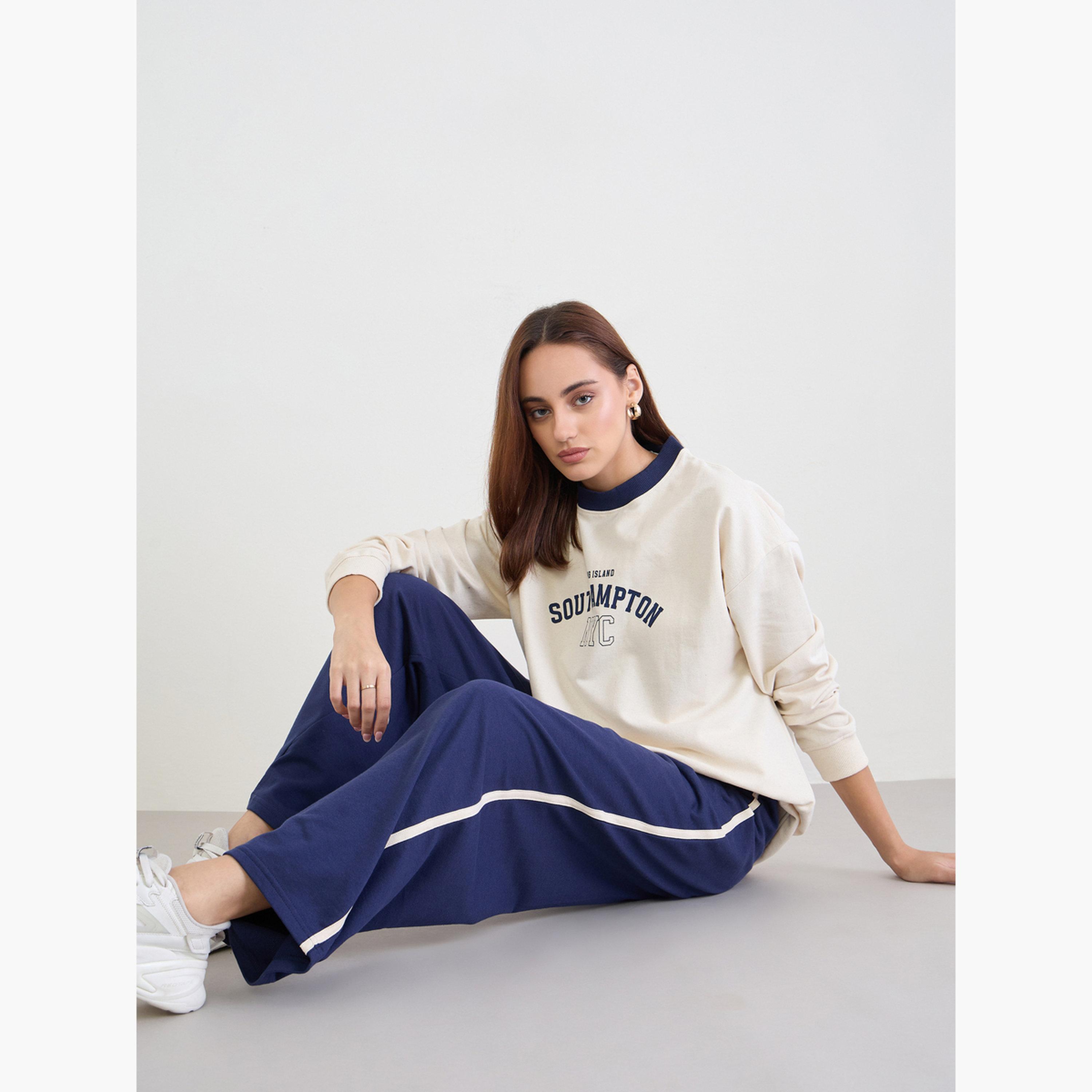 ستايلي - قميص رياضي طويل تصميم واسع مع بنطال رياضي واسع الساق للنساء-women-clothing-coordsets-image-2