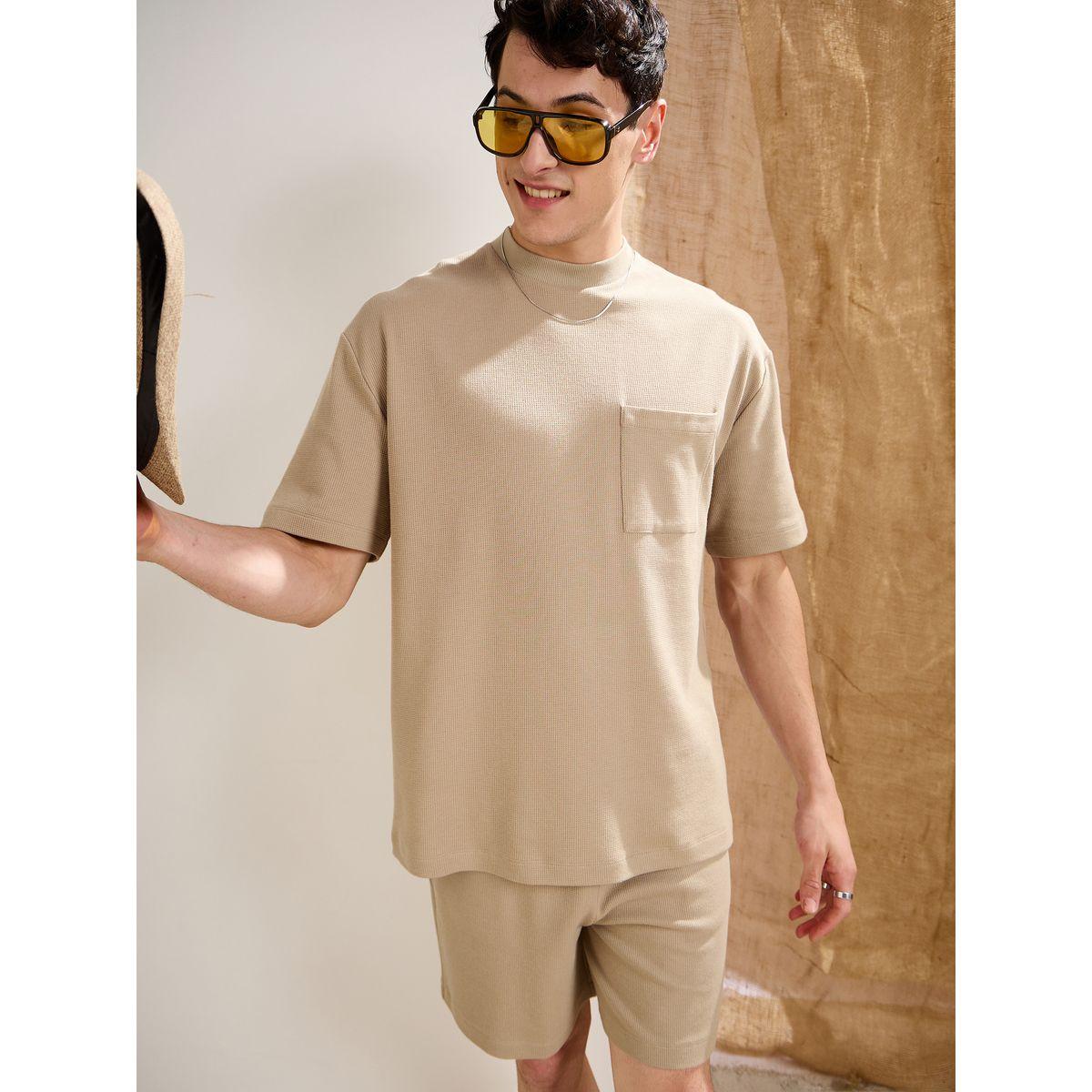 Mascln Sassafras Men Khaki Waffle Textured Pocket Detail Oversized T-Shirt and Shorts Co-Ords-men-clothing-coordsets-image-1