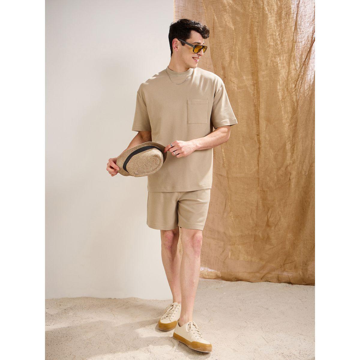 Mascln Sassafras Men Khaki Waffle Textured Pocket Detail Oversized T-Shirt and Shorts Co-Ords-men-clothing-coordsets-image-2