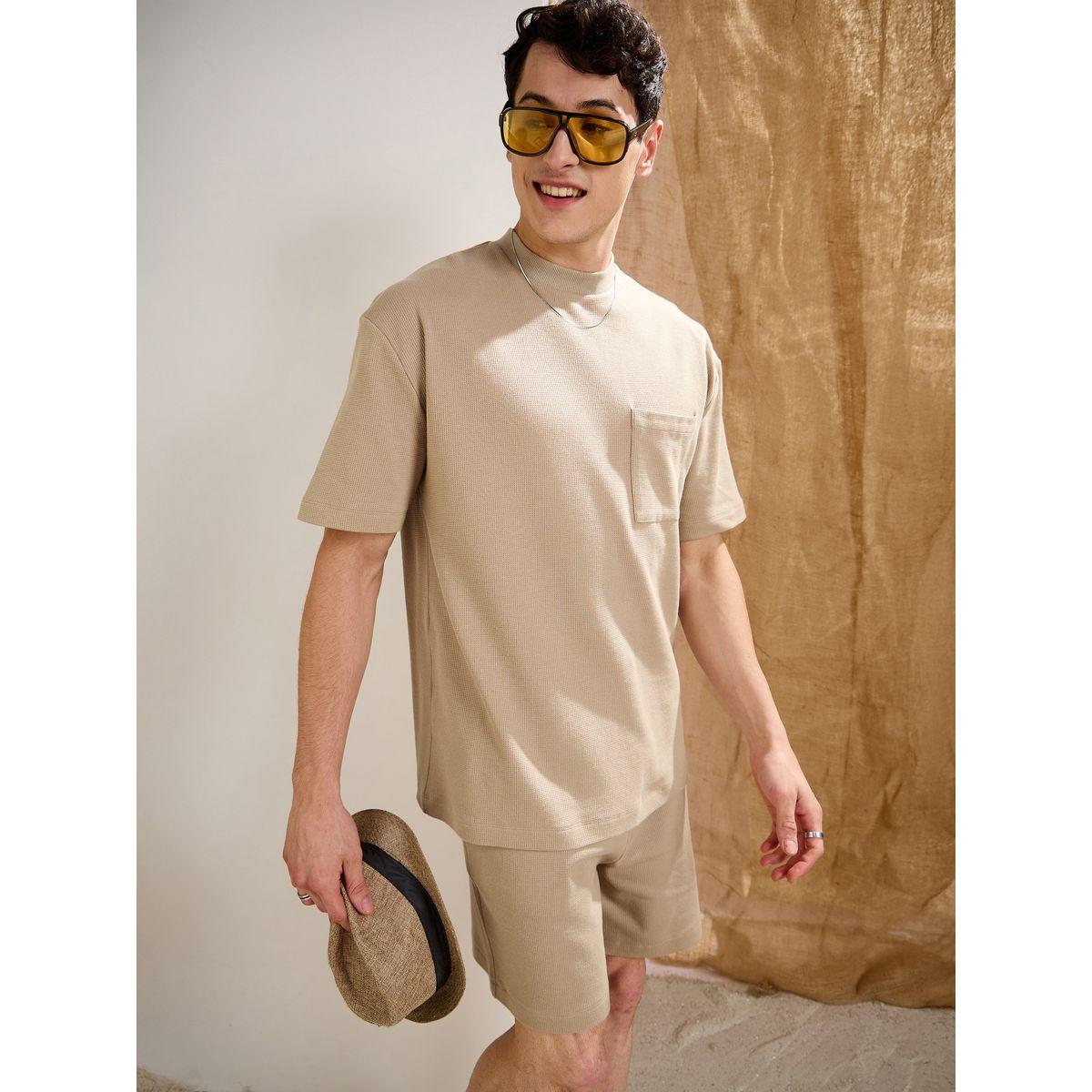 Mascln Sassafras Men Khaki Waffle Textured Pocket Detail Oversized T-Shirt and Shorts Co-Ords-men-clothing-coordsets-image-3