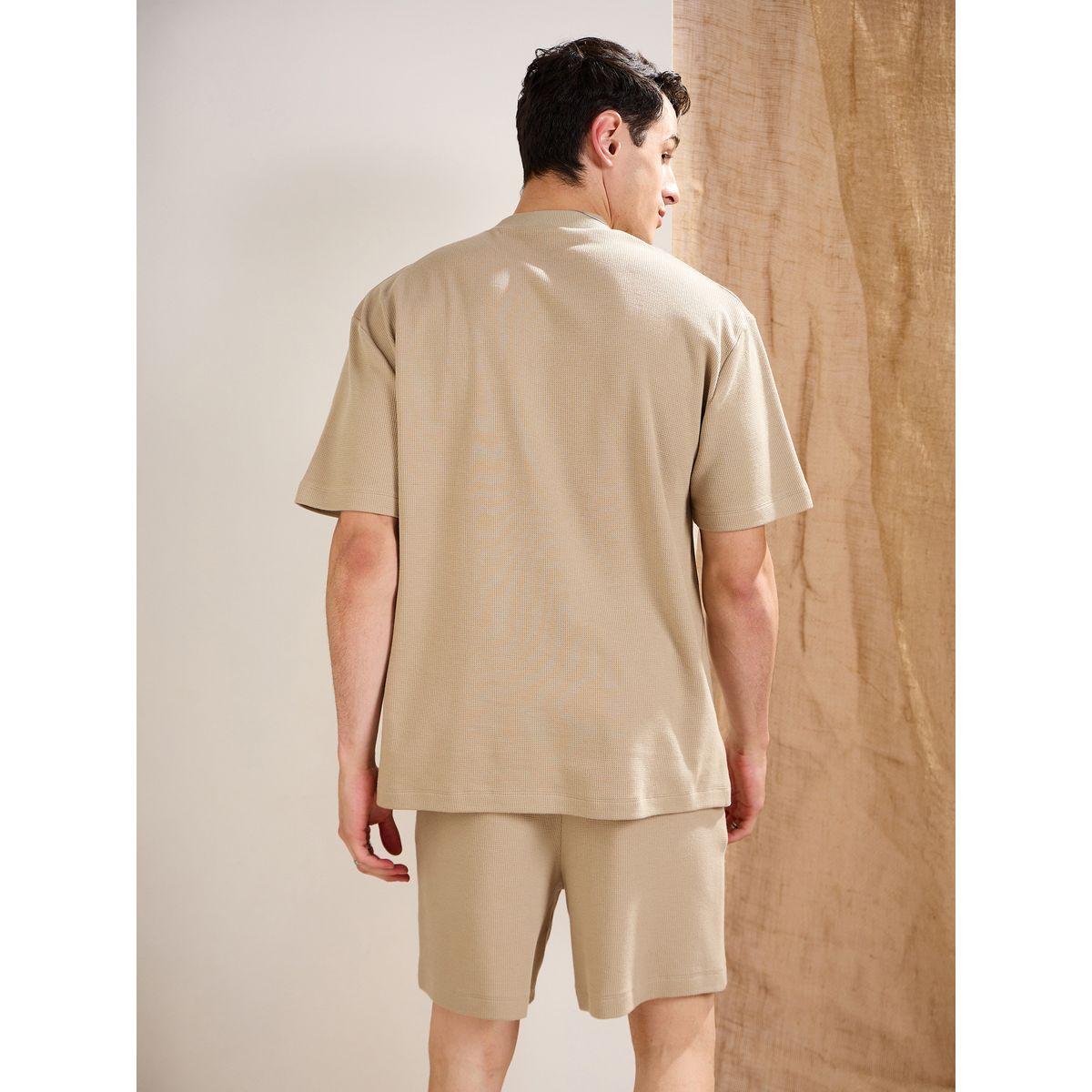 Mascln Sassafras Men Khaki Waffle Textured Pocket Detail Oversized T-Shirt and Shorts Co-Ords-men-clothing-coordsets-image-6